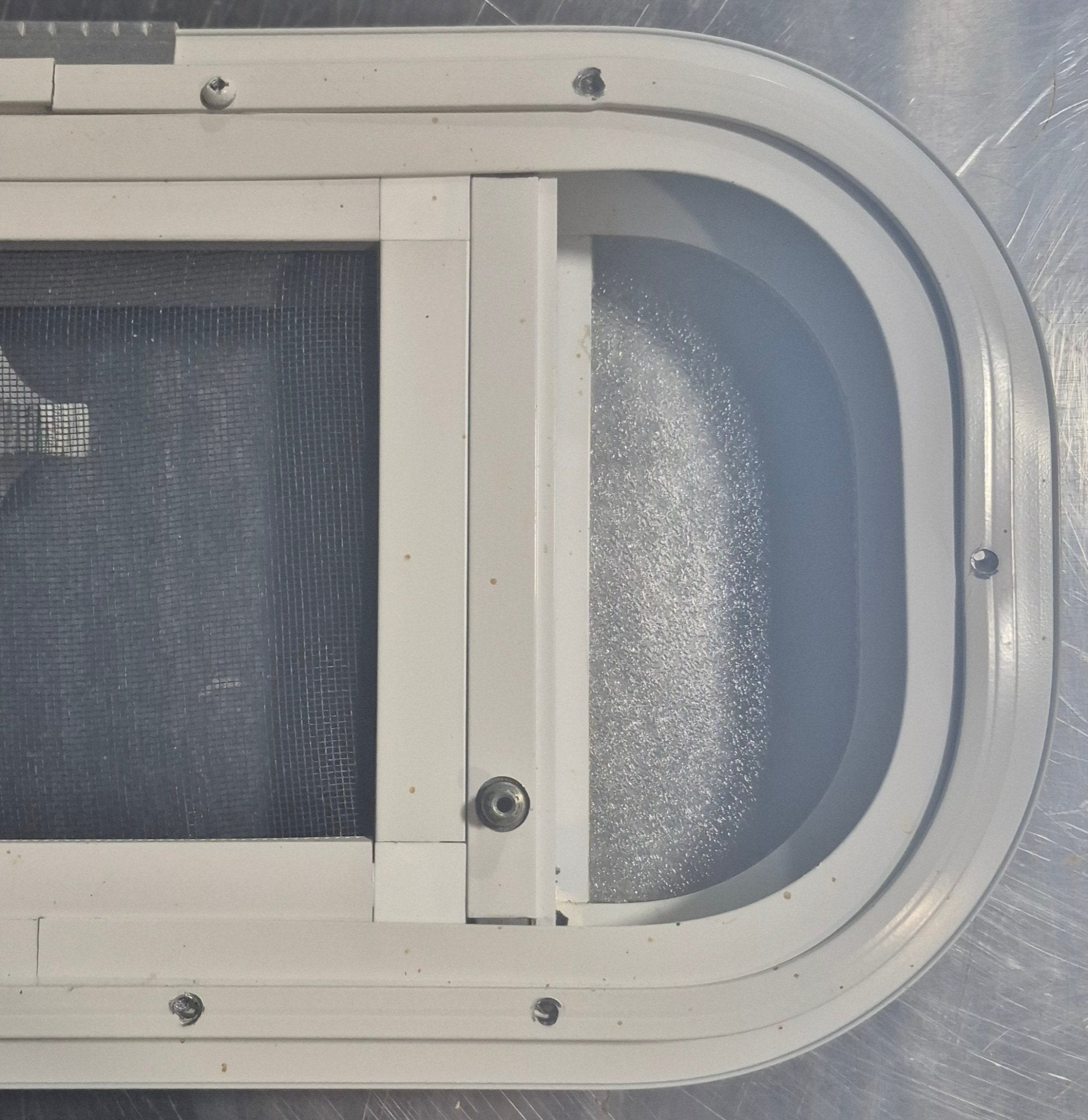 Used White Radius Opening Window : 17 1/2" W x 8 1/2" H x 1 1/8" D - Young Farts RV Parts