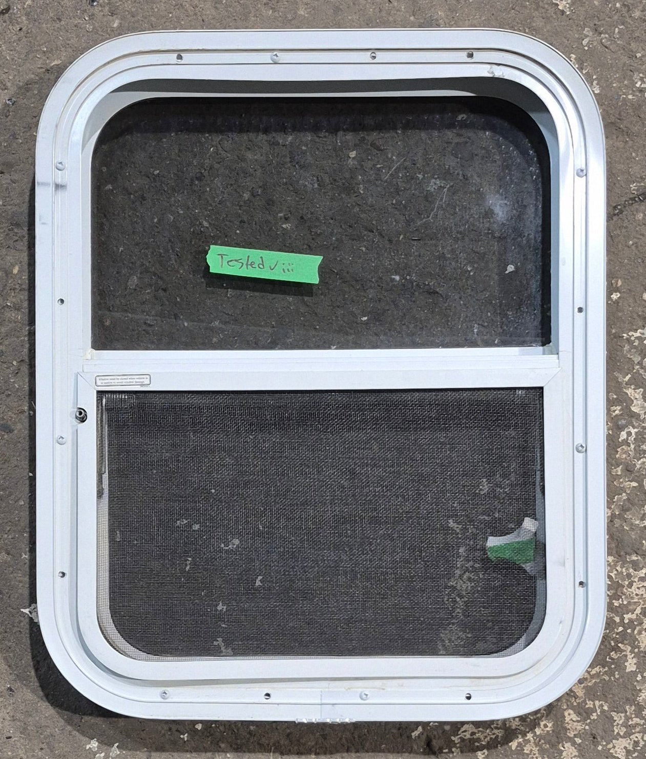 Used White Radius Opening Window : 17 1/4" W x 21 1/4" H x 1 3/4" D - Young Farts RV Parts