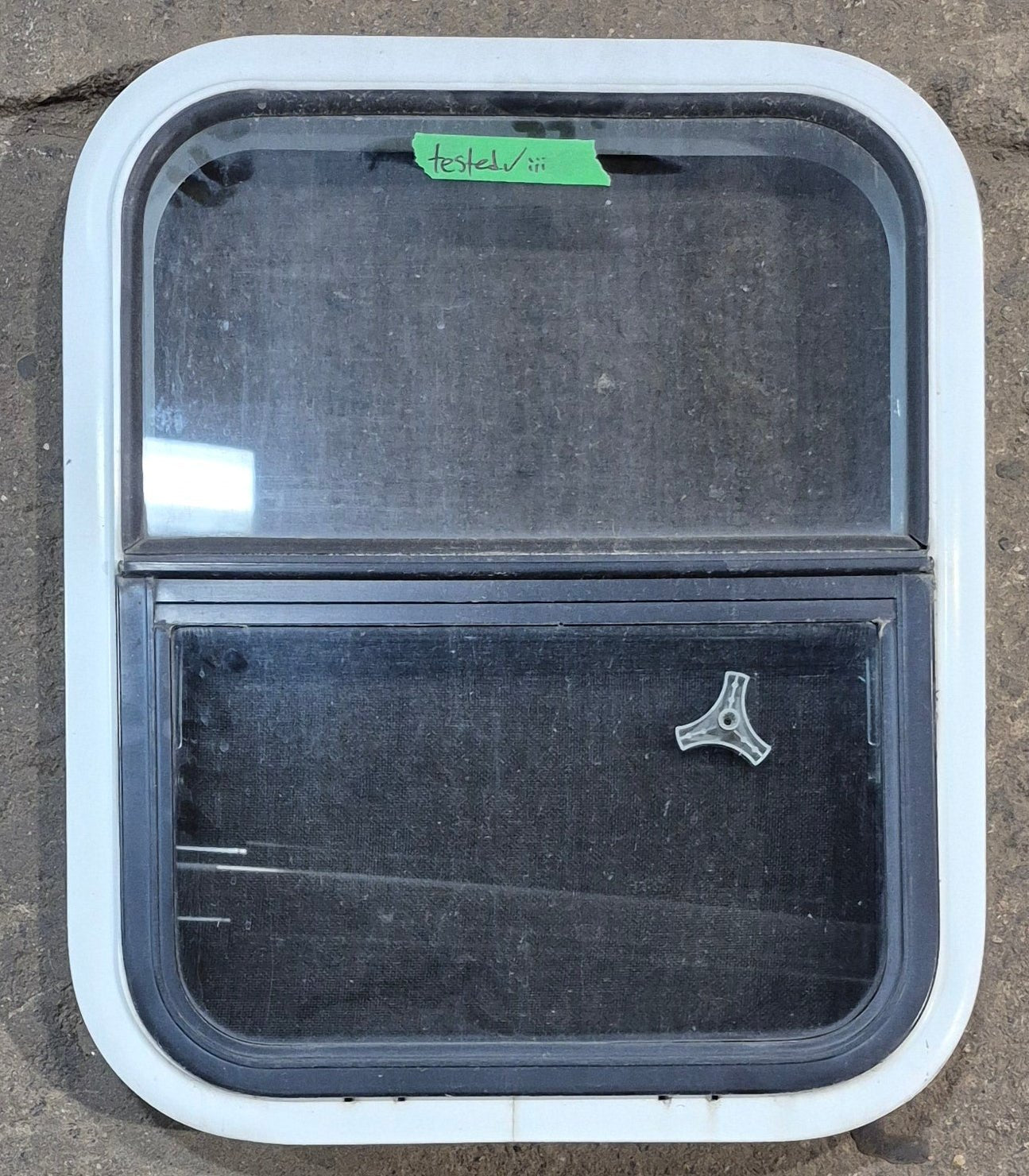 Used White Radius Opening Window : 17 1/4" W x 21 1/4" H x 1 3/4" D - Young Farts RV Parts