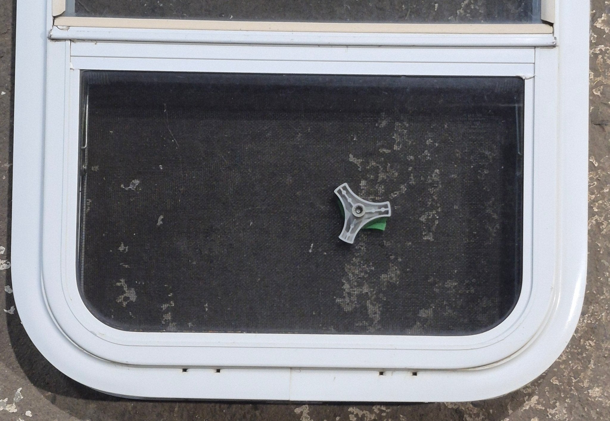 Used White Radius Opening Window : 17 1/4" W x 21 1/4" H x 1 3/4" D - Young Farts RV Parts