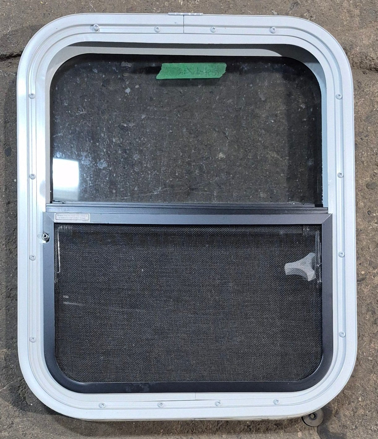 Used White Radius Opening Window : 17 1/4" W x 21 1/4" H x 1 3/4" D - Young Farts RV Parts