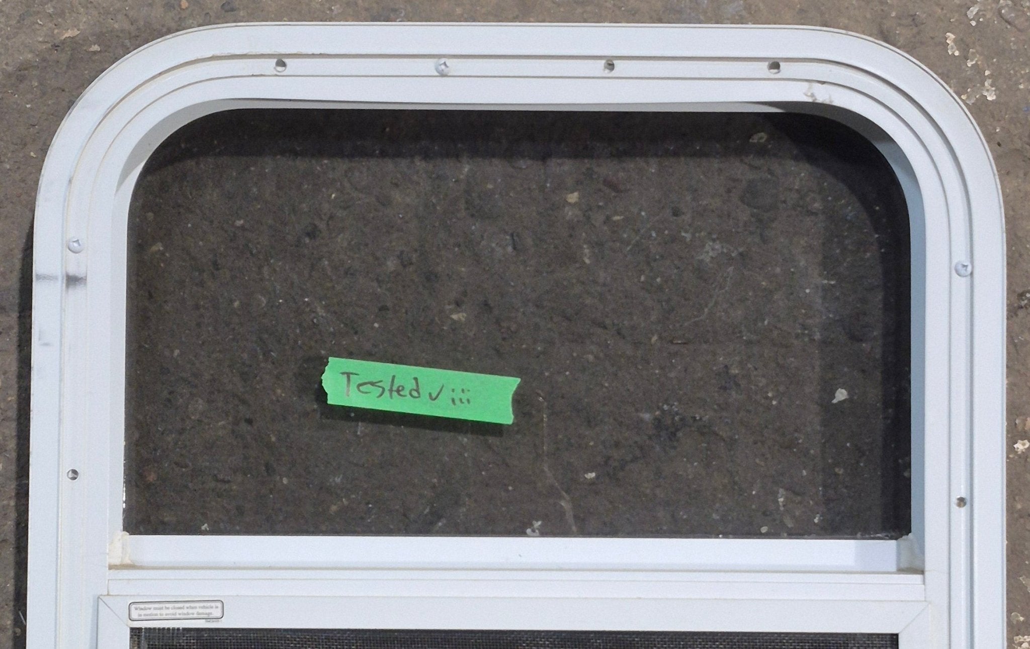Used White Radius Opening Window : 17 1/4" W x 21 1/4" H x 1 3/4" D - Young Farts RV Parts