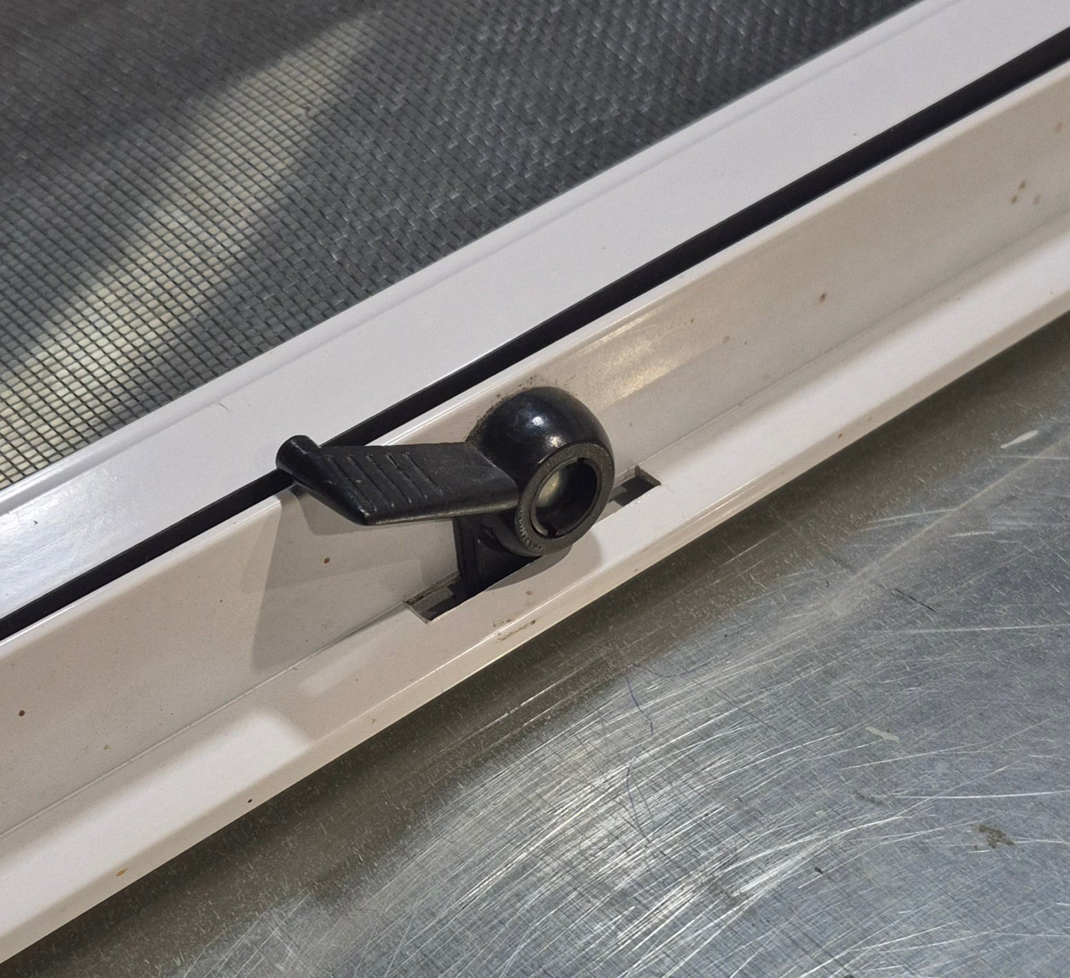 Used White Radius Opening Window : 18 1/4" W x 17 3/4" H x 1 3/4" D - Young Farts RV Parts