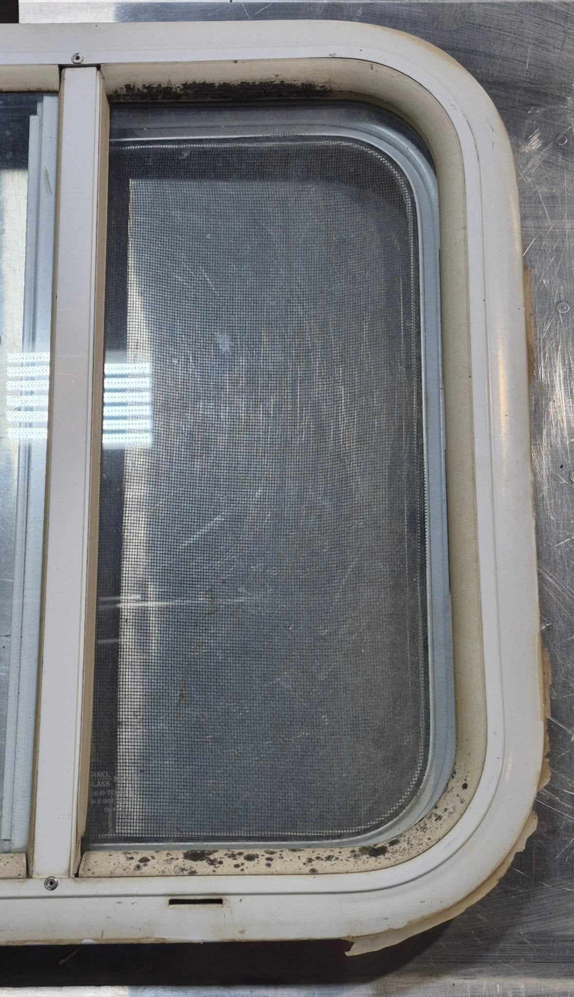 Used White Radius Opening Window : 18 1/4" W x 17 3/4" H x 1 3/4" D - Young Farts RV Parts