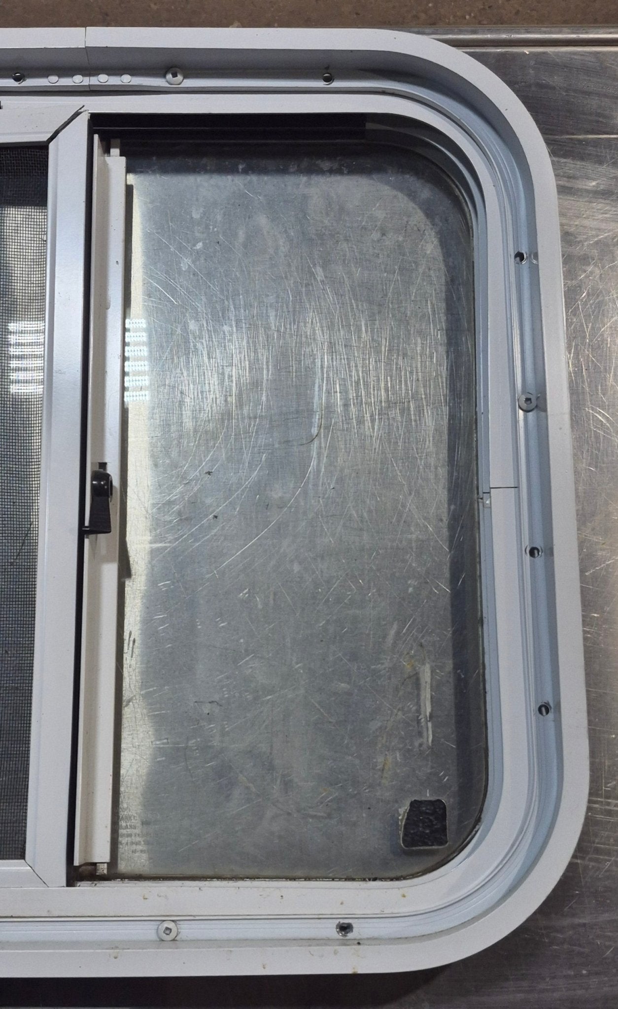 Used White Radius Opening Window : 18 1/4" W x 17 3/4" H x 1 3/4" D - Young Farts RV Parts