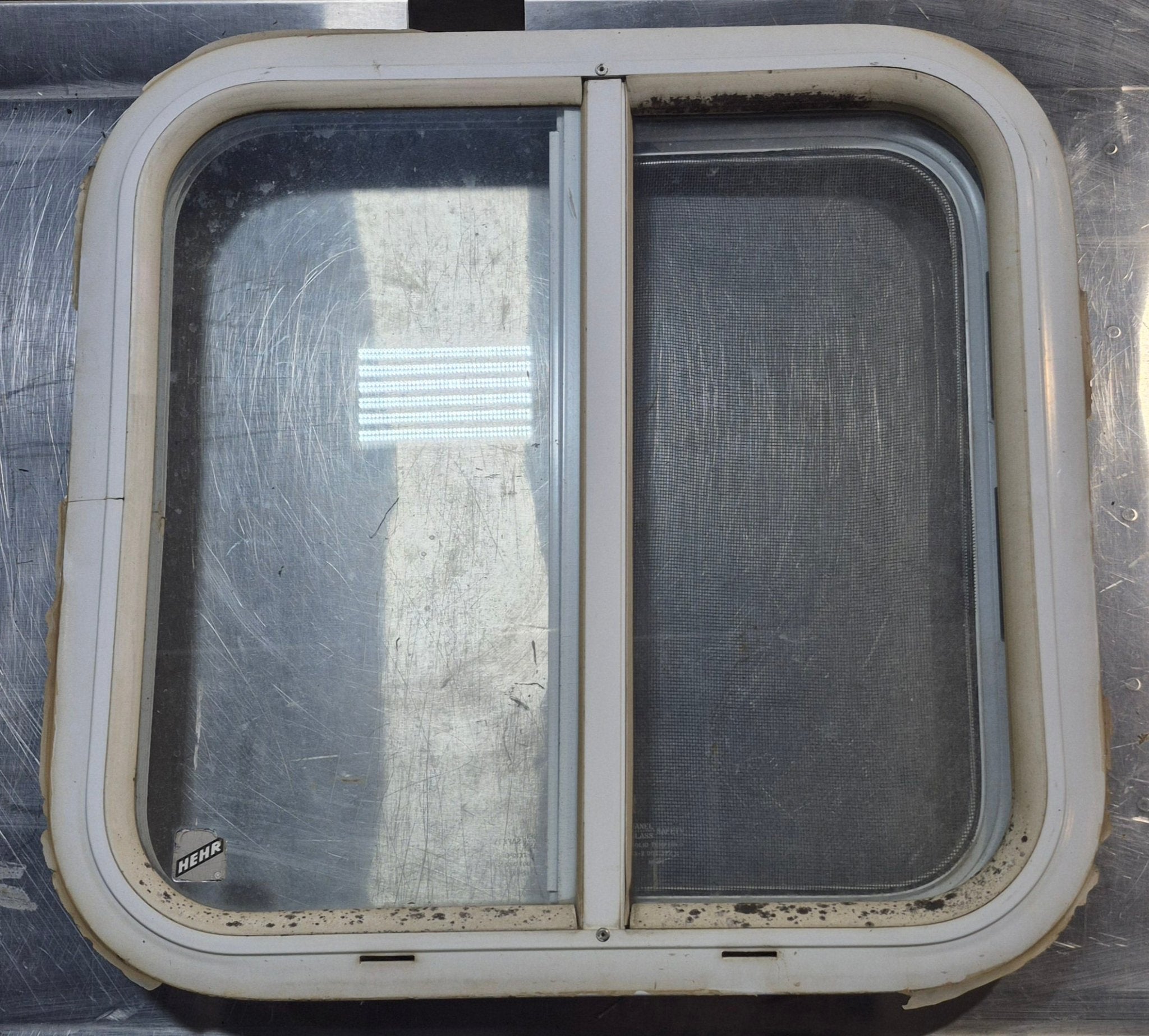 Used White Radius Opening Window : 18 1/4" W x 17 3/4" H x 1 3/4" D - Young Farts RV Parts