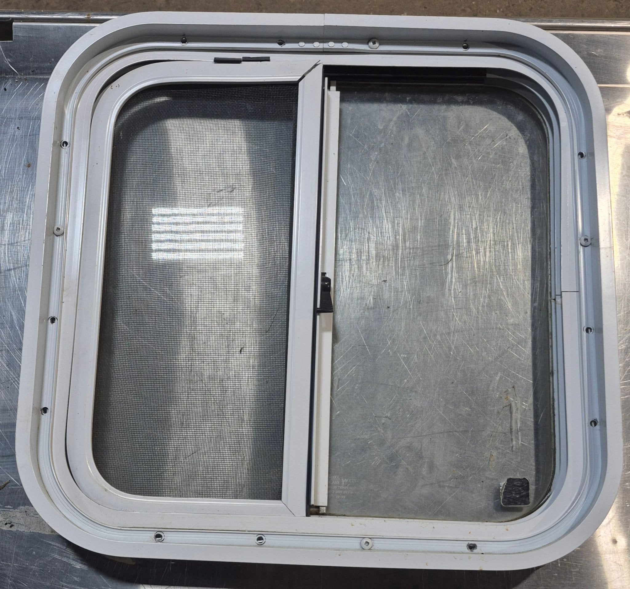 Used White Radius Opening Window : 18 1/4" W x 17 3/4" H x 1 3/4" D - Young Farts RV Parts