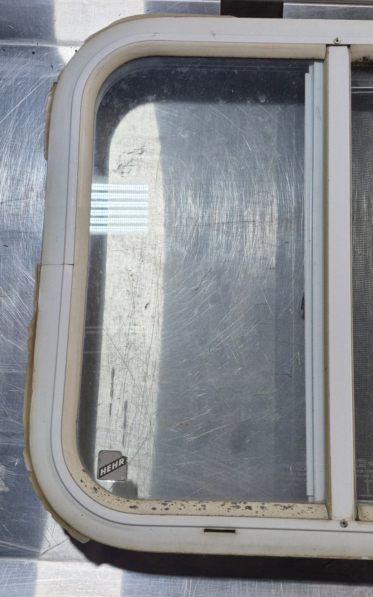 Used White Radius Opening Window : 18 1/4" W x 17 3/4" H x 1 3/4" D - Young Farts RV Parts