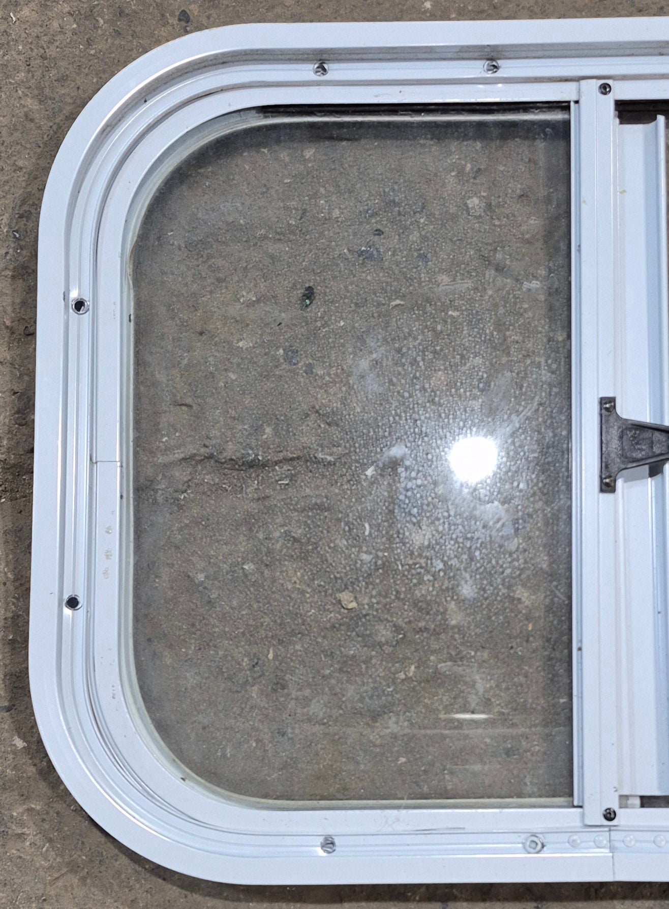 Used White Radius Opening Window : 19 1/2" W x 14 1/2" H x 1 1/4" D - Young Farts RV Parts