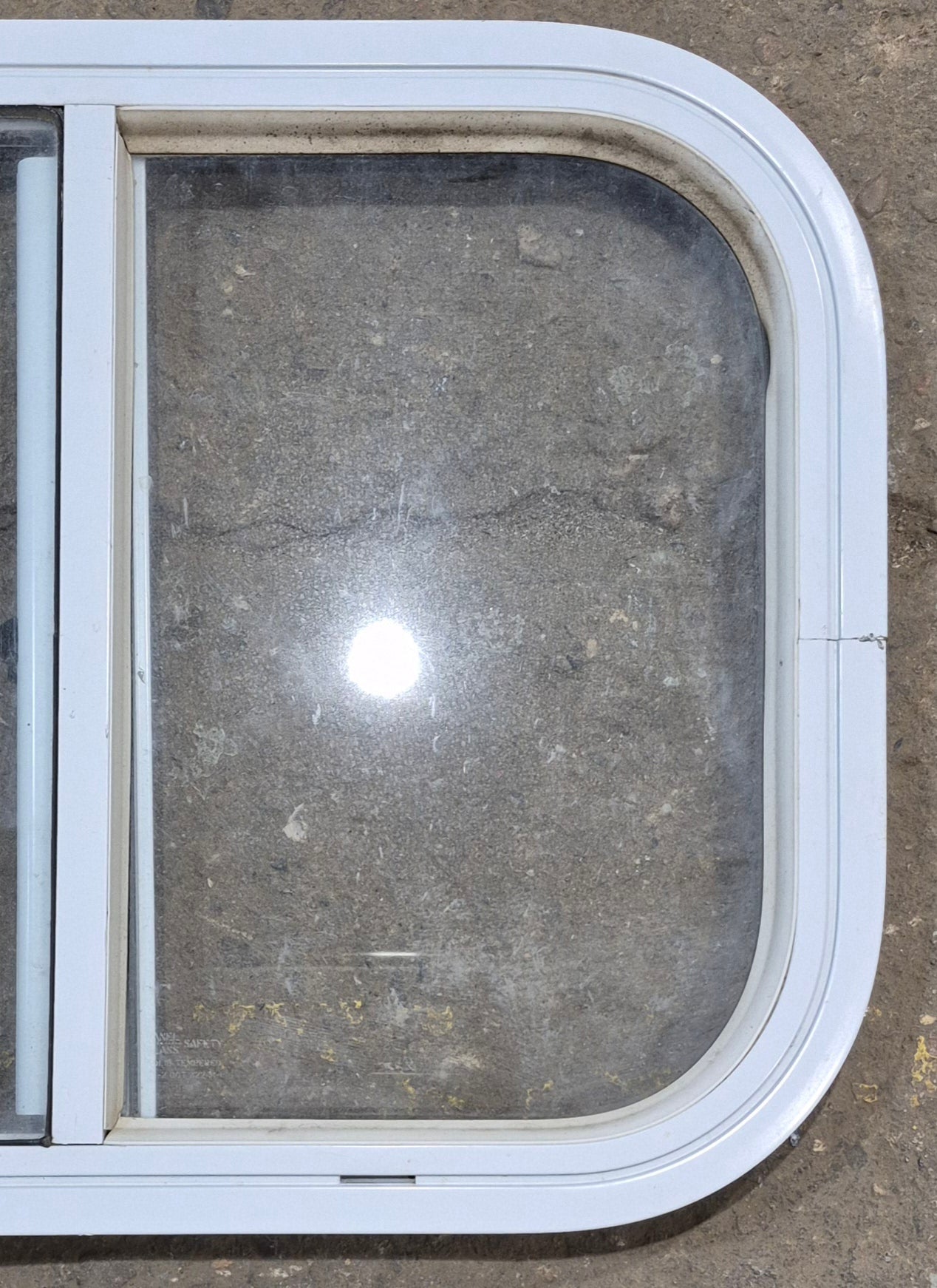 Used White Radius Opening Window : 19 1/2" W x 14 1/2" H x 1 1/4" D - Young Farts RV Parts
