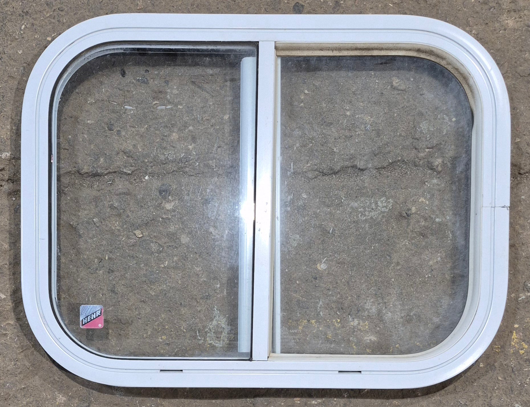 Used White Radius Opening Window : 19 1/2" W x 14 1/2" H x 1 1/4" D - Young Farts RV Parts