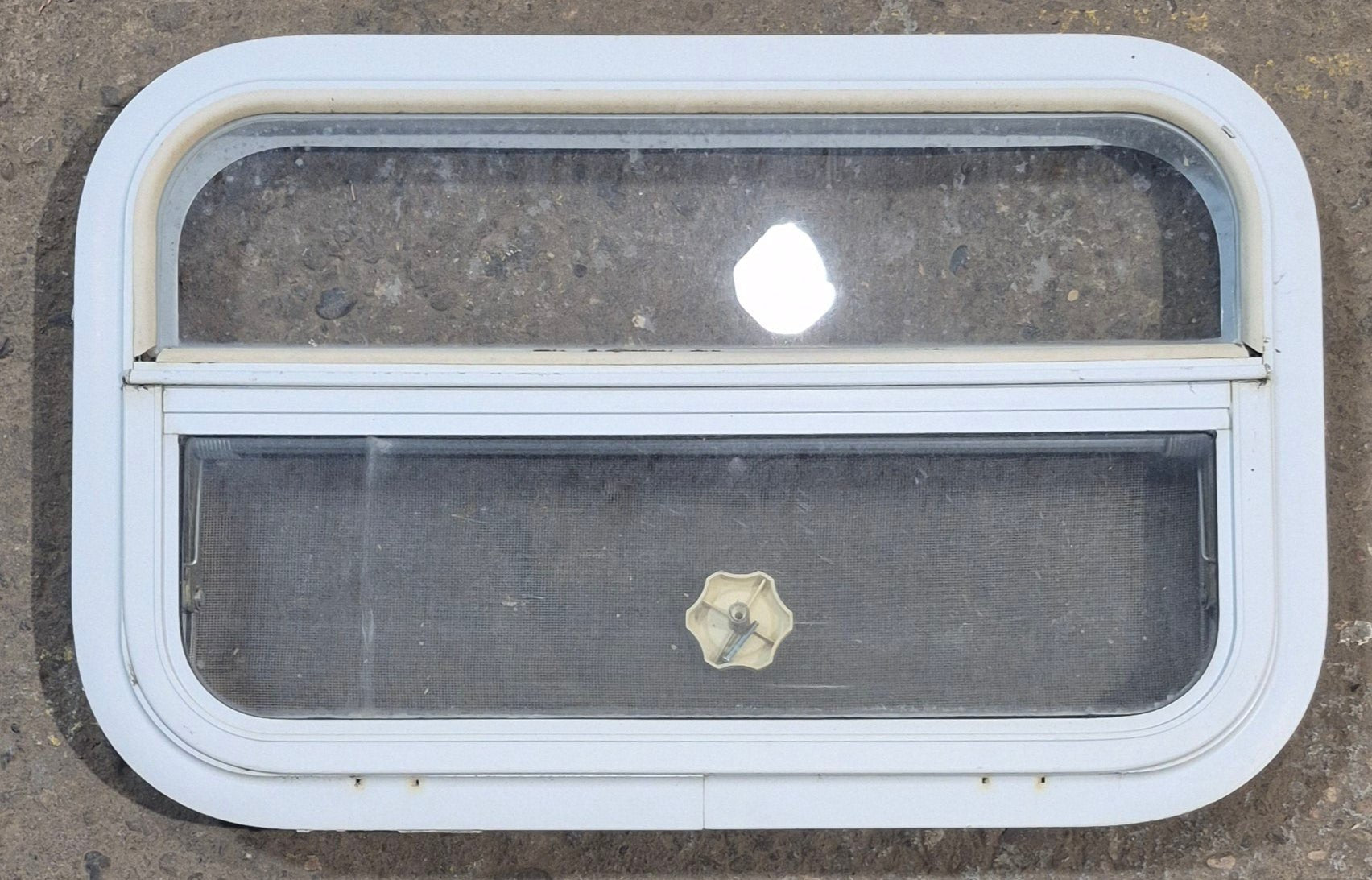 Used White Radius Opening Window : 23 1/2" W x 14 1/2" H x 1 7/8" D - Young Farts RV Parts