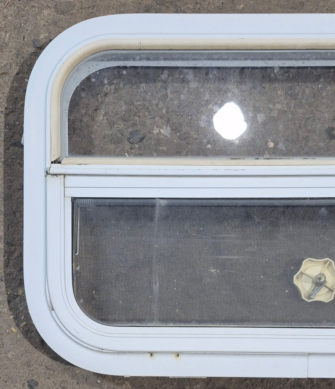 Used White Radius Opening Window : 23 1/2" W x 14 1/2" H x 1 7/8" D - Young Farts RV Parts