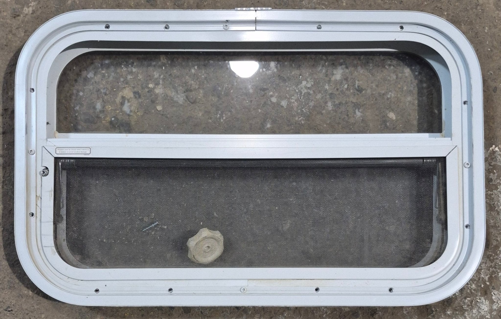 Used White Radius Opening Window : 23 1/2" W x 14 1/2" H x 1 7/8" D - Young Farts RV Parts