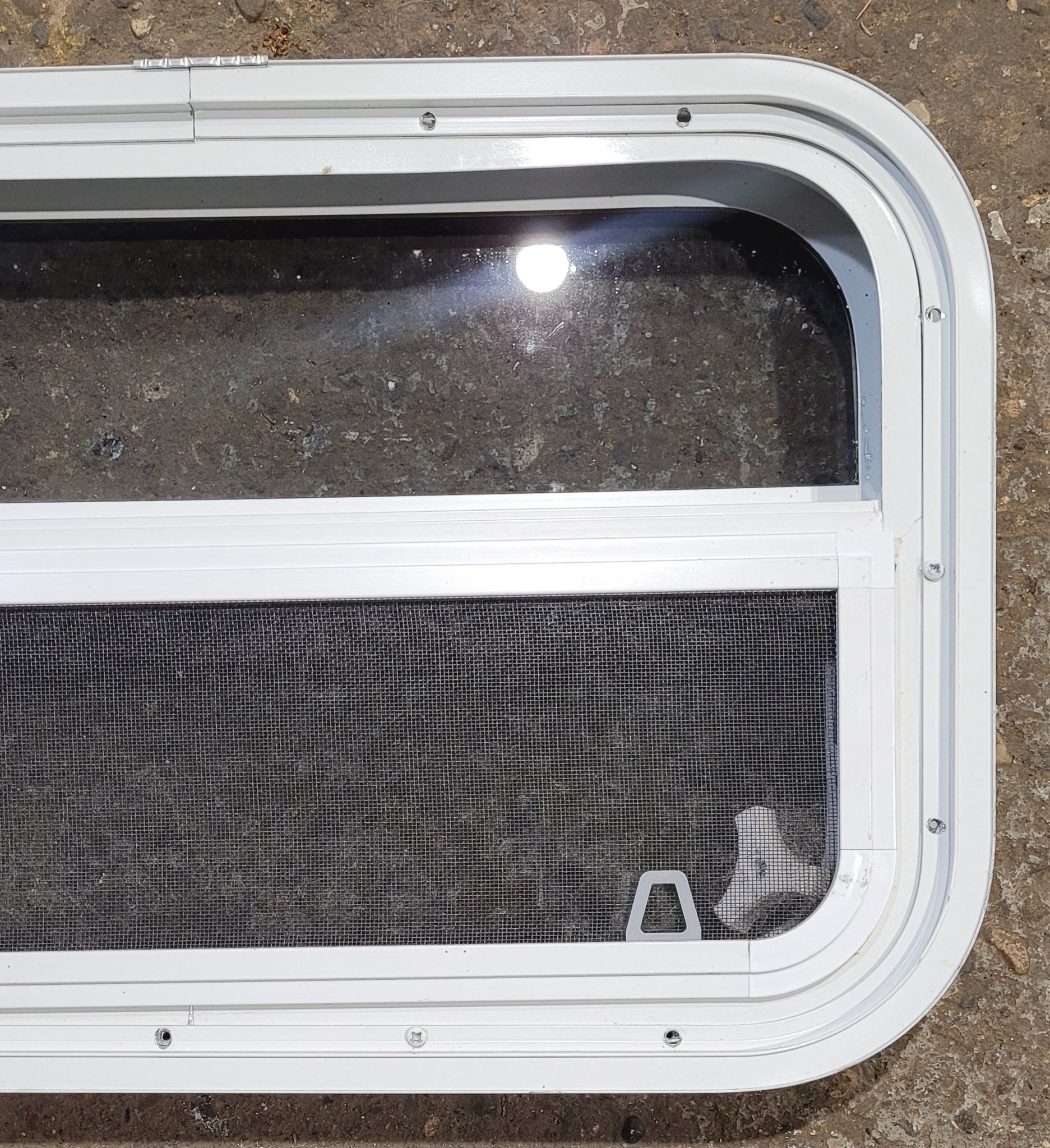 Used White Radius Opening Window : 23 1/2" W x 14 1/4" H x 1 7/8" D - Young Farts RV Parts