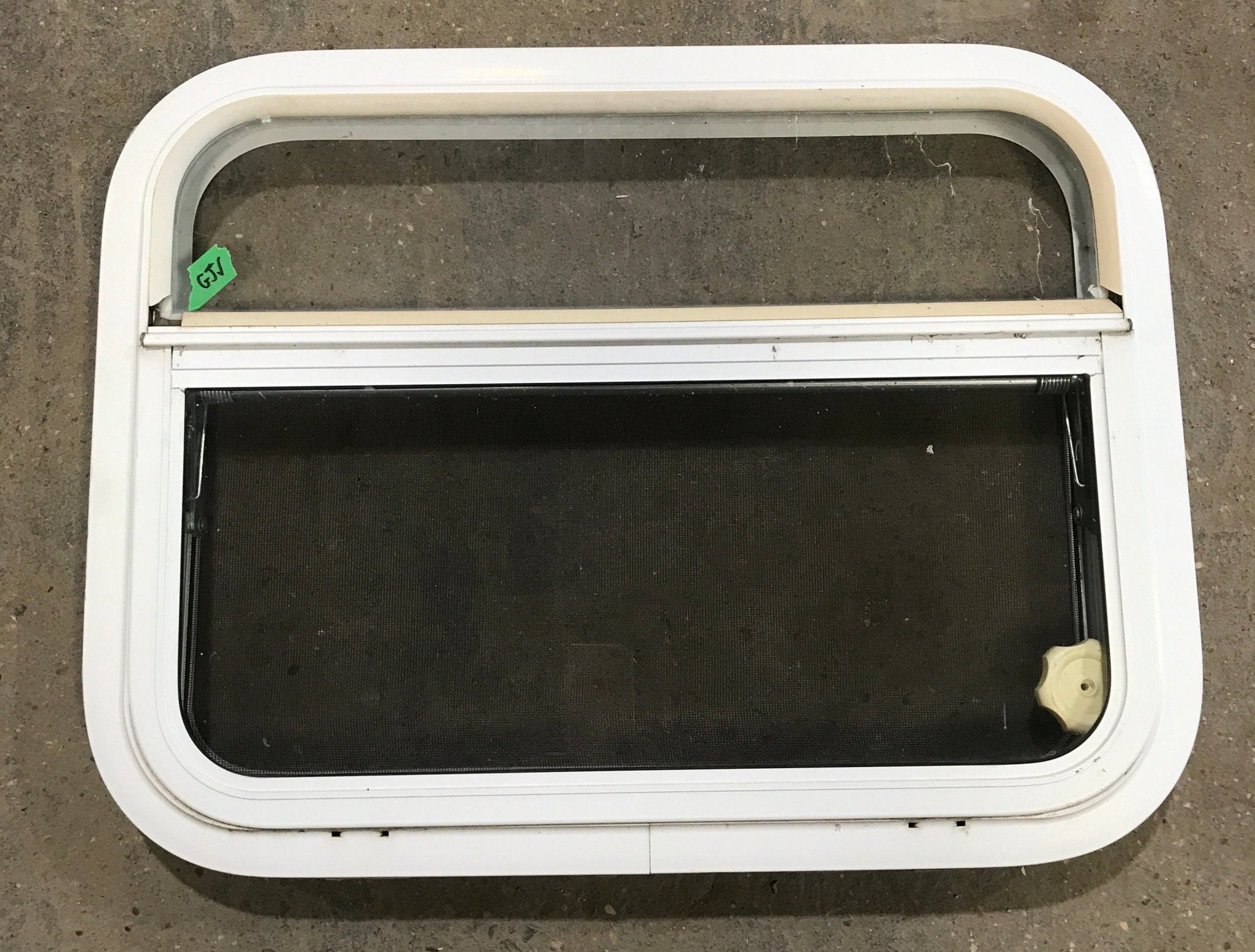 Used White Radius Opening Window : 23 1/2" W x 17 1/2" H x 1 1/2" D - Young Farts RV Parts