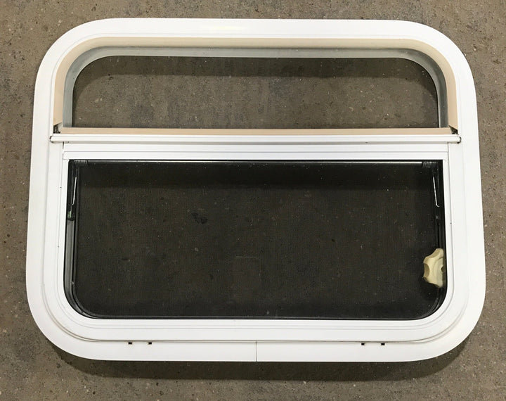 Used White Radius Opening Window : 23 1/2" W x 17 1/2" H x 1 1/2" D - Young Farts RV Parts