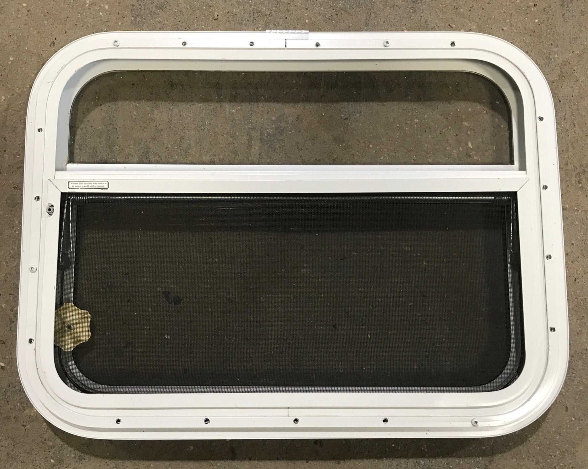 Used White Radius Opening Window : 23 1/2" W x 17 1/2" H x 1 1/2" D - Young Farts RV Parts