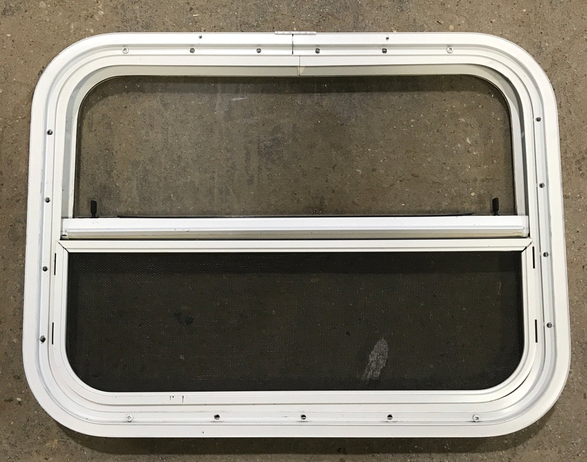 Used White Radius Opening Window : 23 1/2" W x 17 1/2" H x 1 1/2" D - Young Farts RV Parts