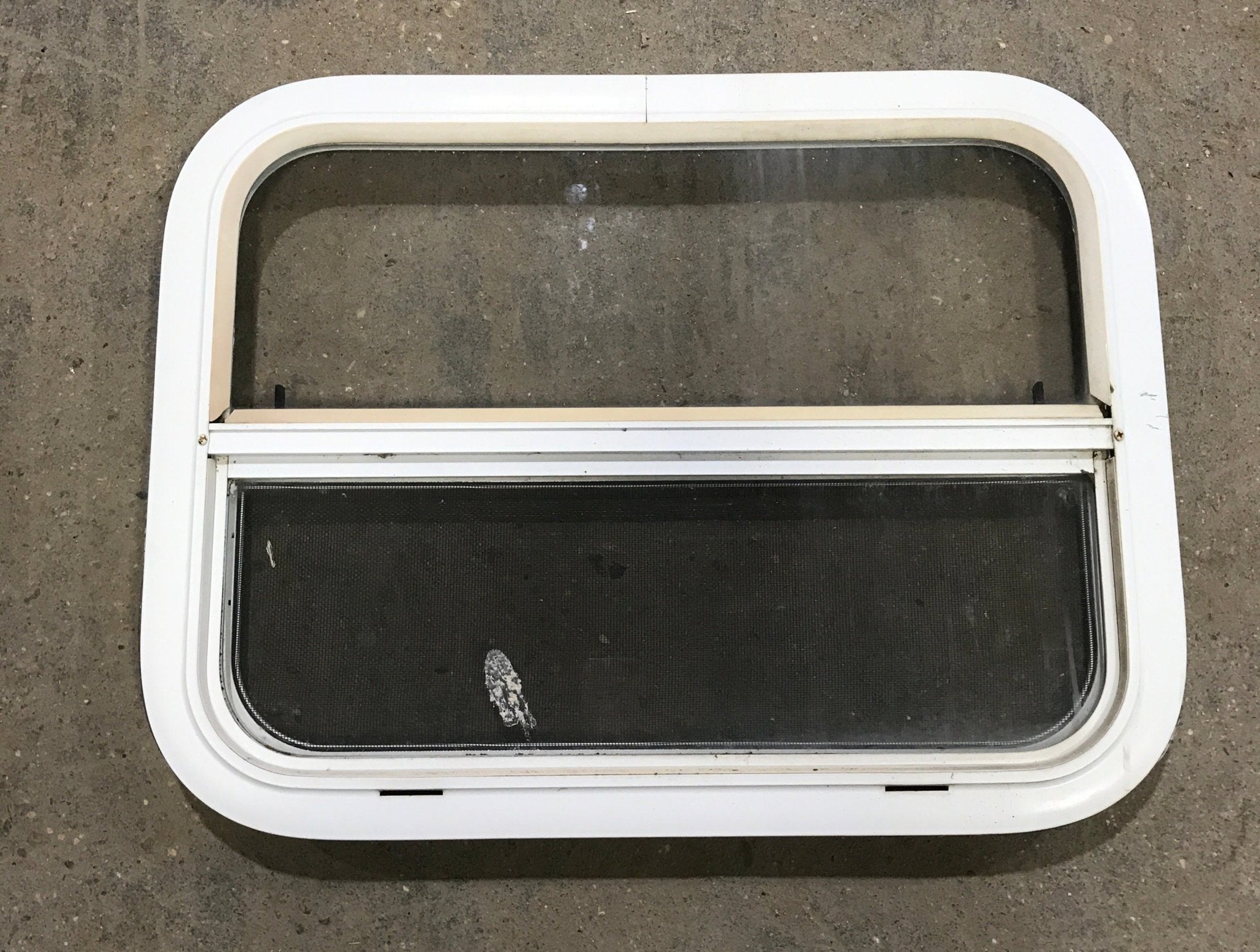 Used White Radius Opening Window : 23 1/2" W x 17 1/2" H x 1 1/2" D - Young Farts RV Parts