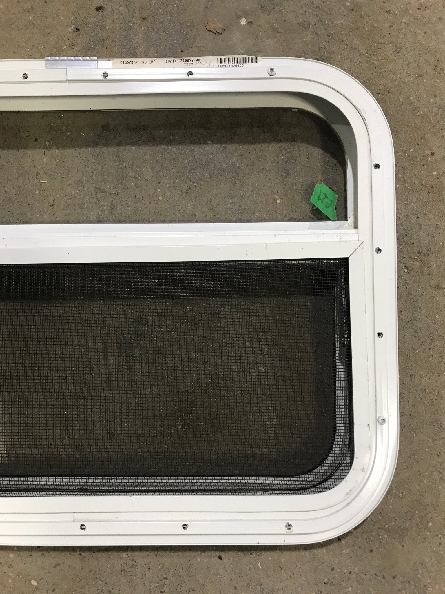 Used White Radius Opening Window : 23 1/2" W x 17 1/2" H x 1 1/2" D - Young Farts RV Parts