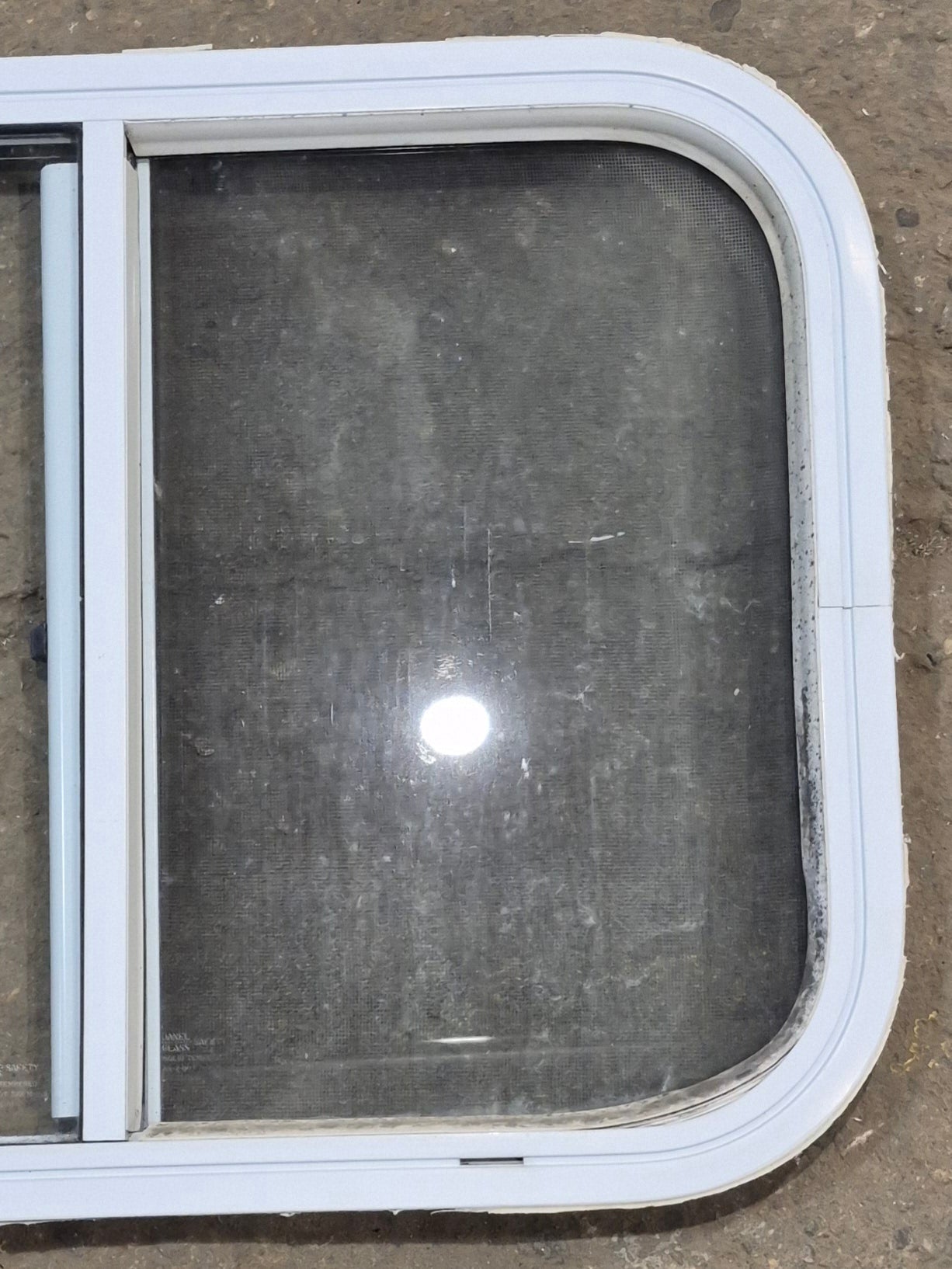 Used White Radius Opening Window : 23 1/2" W x 17 1/2" H x 1 1/4" D - Young Farts RV Parts