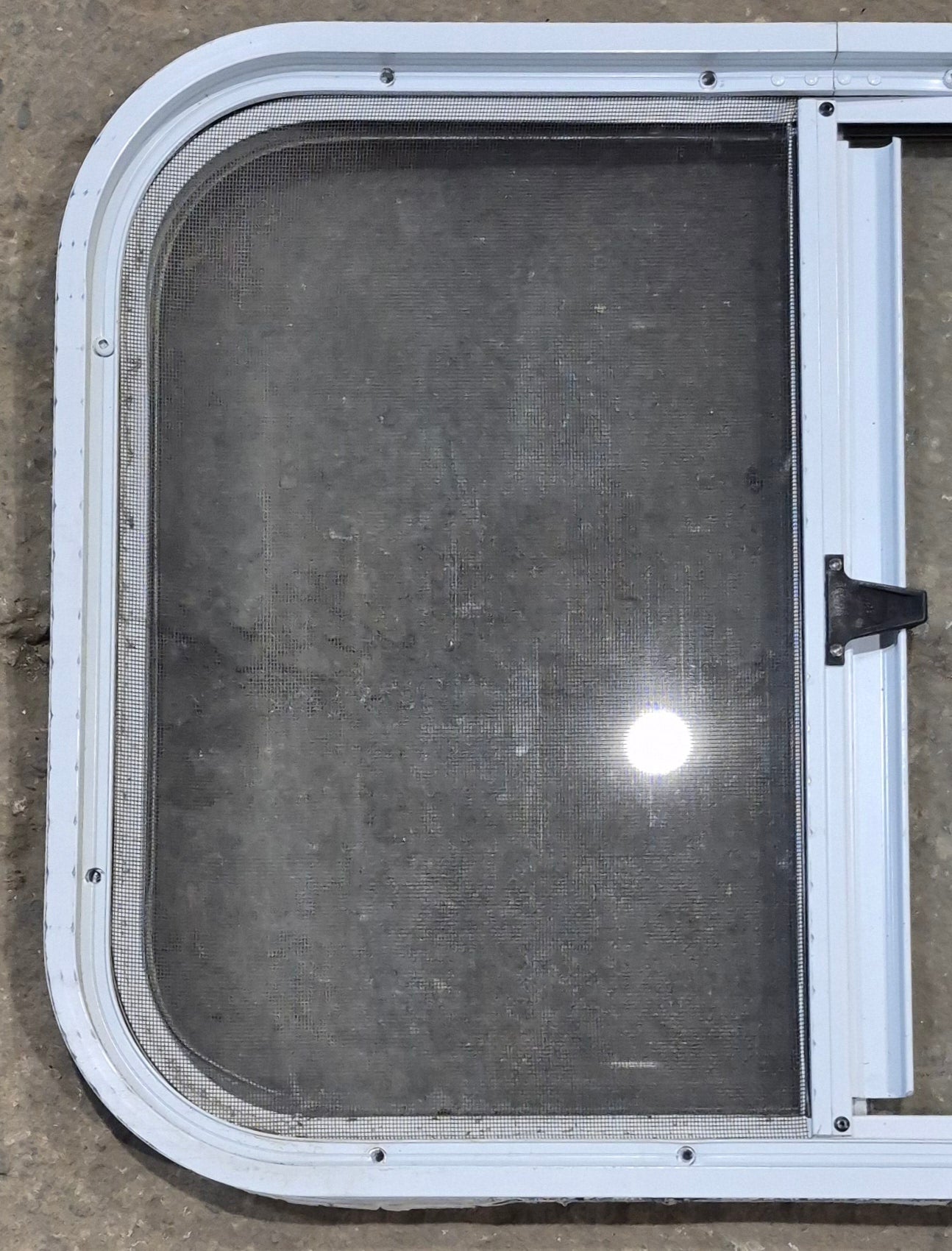 Used White Radius Opening Window : 23 1/2" W x 17 1/2" H x 1 1/4" D - Young Farts RV Parts