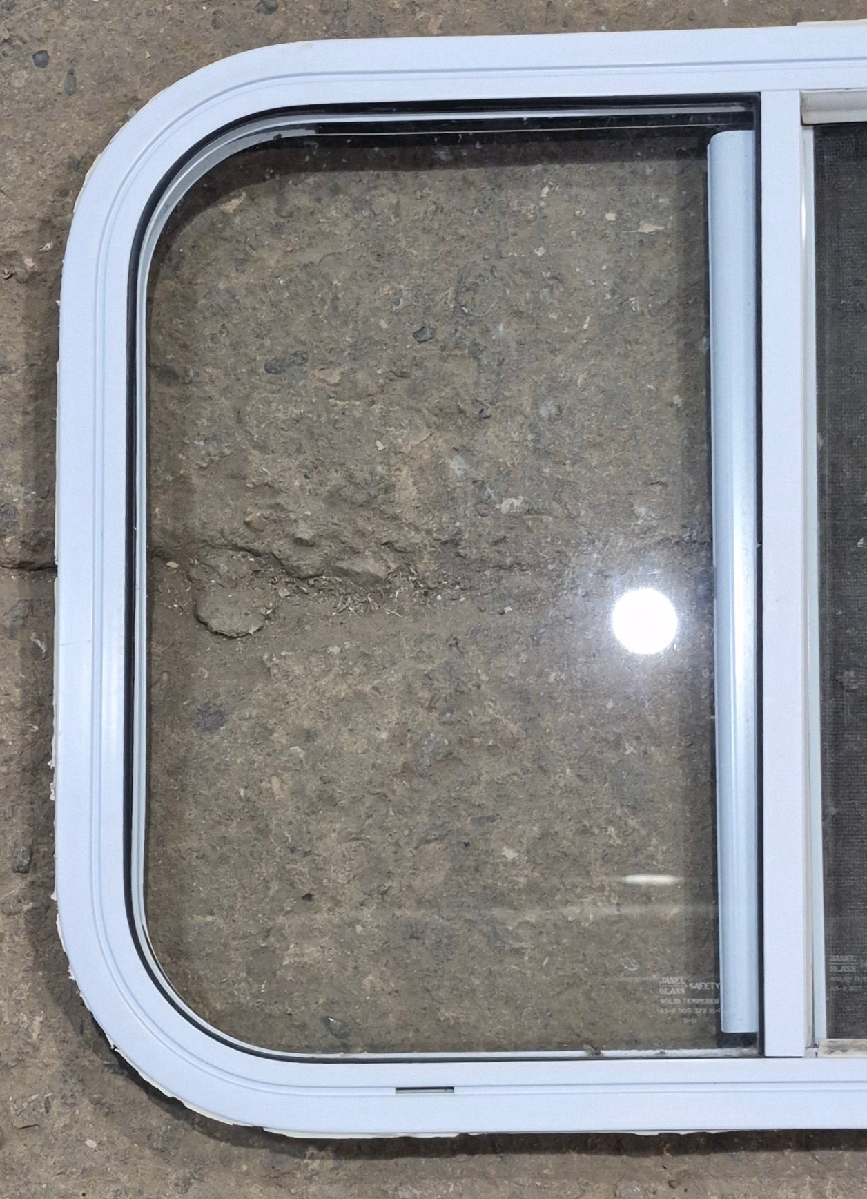 Used White Radius Opening Window : 23 1/2" W x 17 1/2" H x 1 1/4" D - Young Farts RV Parts