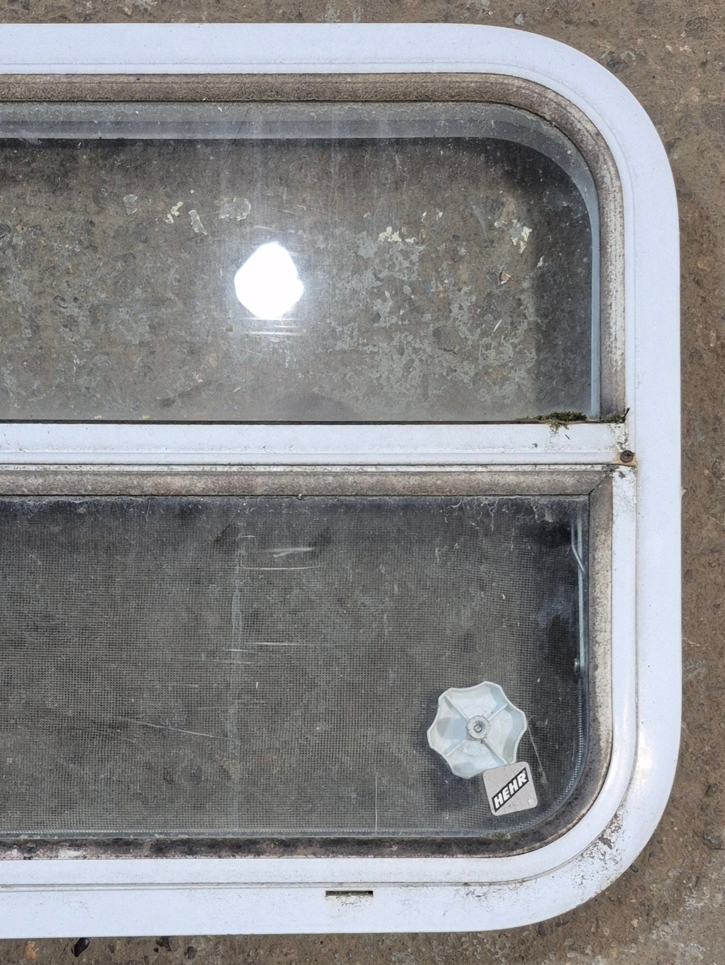 Used White Radius Opening Window : 23 1/2" W x 17 1/2" H x 1 7/8" D - Young Farts RV Parts