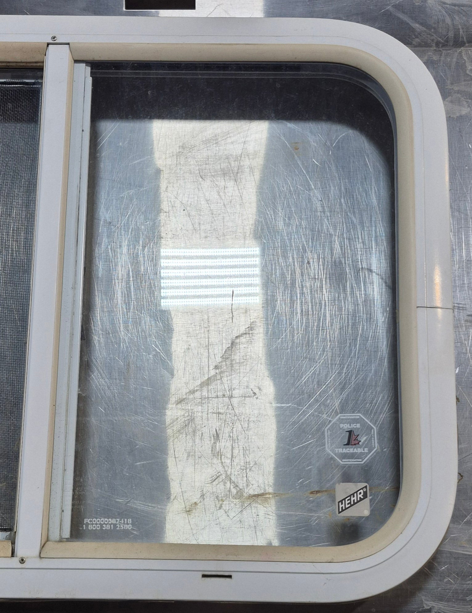 Used White Radius Opening Window : 23 1/2" W x 17 1/2" H x 1 7/8" D - Young Farts RV Parts