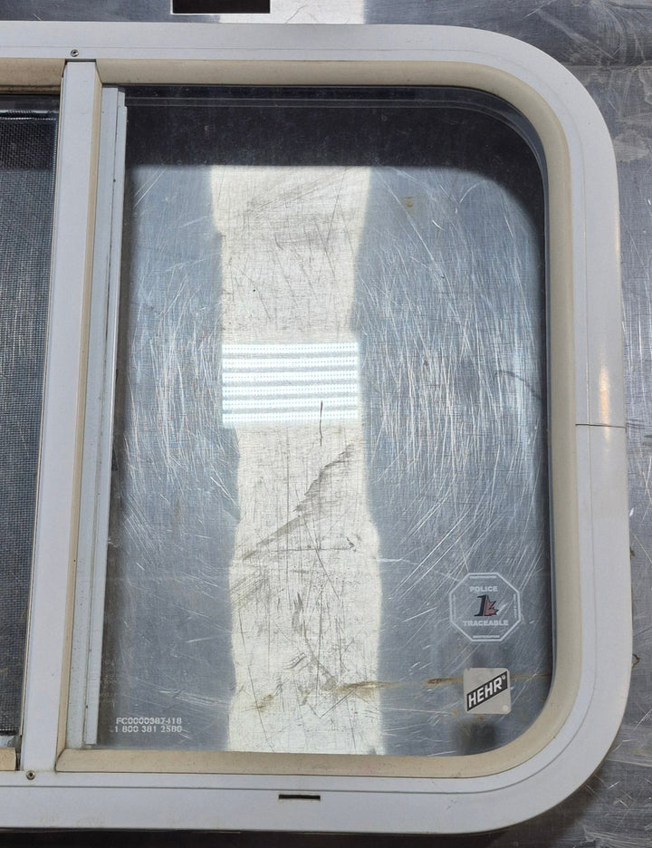 Used White Radius Opening Window : 23 1/2" W x 17 1/2" H x 1 7/8" D - Young Farts RV Parts