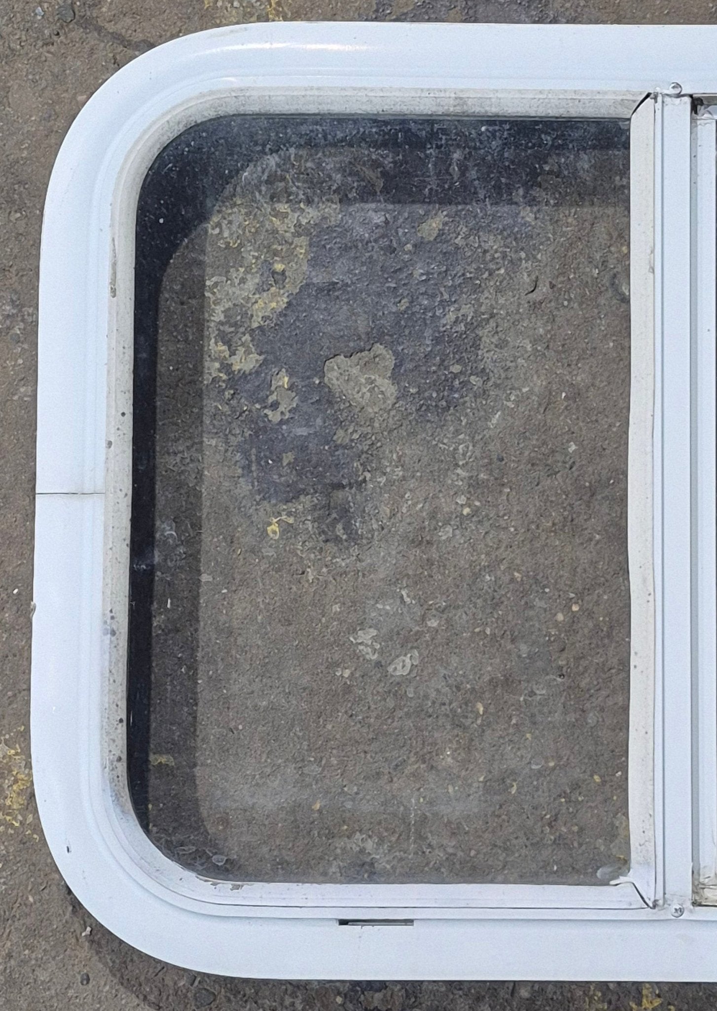 Used White Radius Opening Window : 23 1/2" W x 17 1/2" H x 1 7/8" D - Young Farts RV Parts