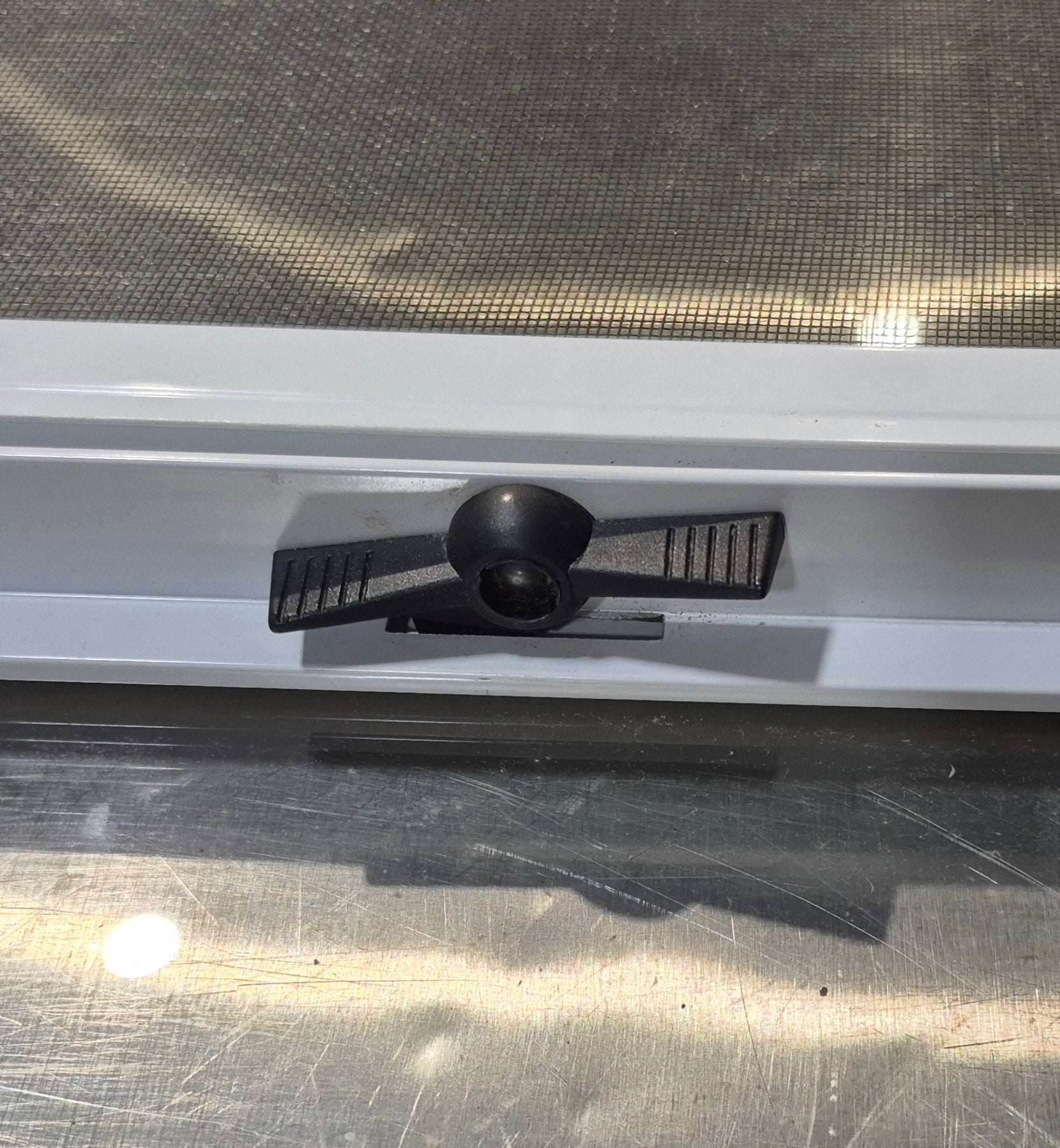 Used White Radius Opening Window : 23 1/2" W x 17 1/2" H x 1 7/8" D - Young Farts RV Parts