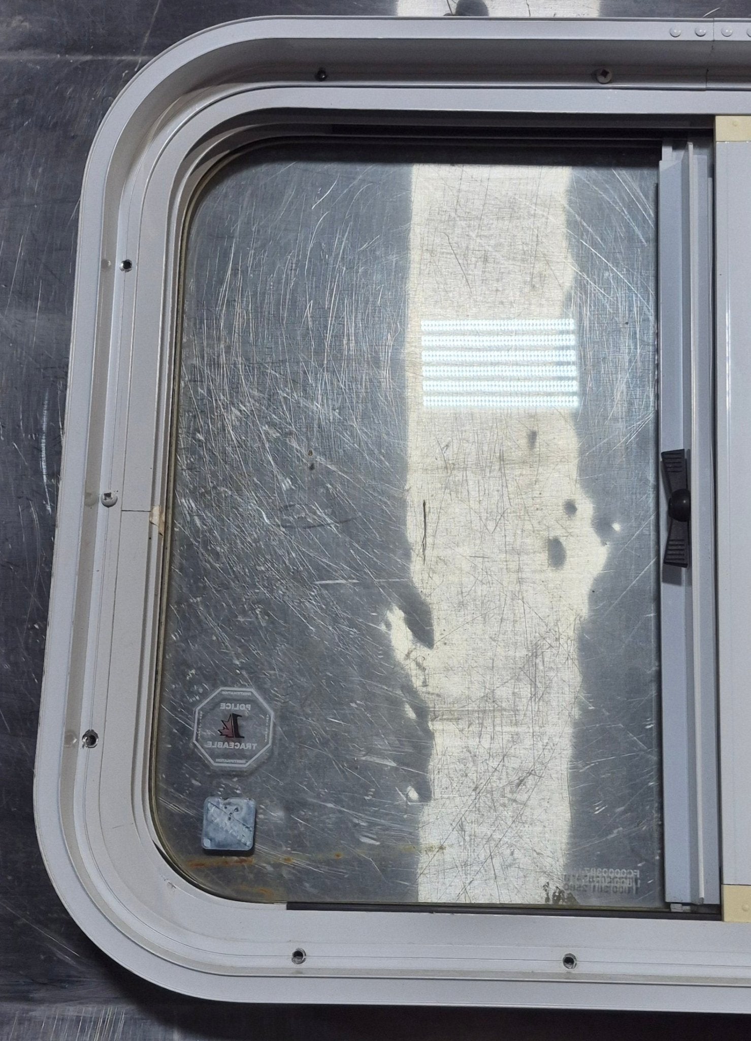 Used White Radius Opening Window : 23 1/2" W x 17 1/2" H x 1 7/8" D - Young Farts RV Parts