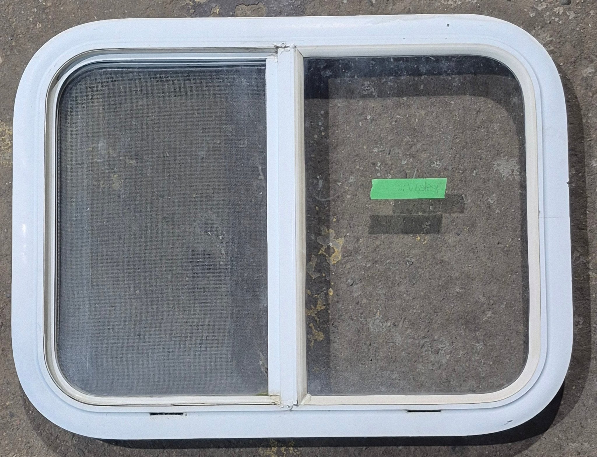 Used White Radius Opening Window : 23 1/2" W x 17 1/2" H x 1 7/8" D - Young Farts RV Parts