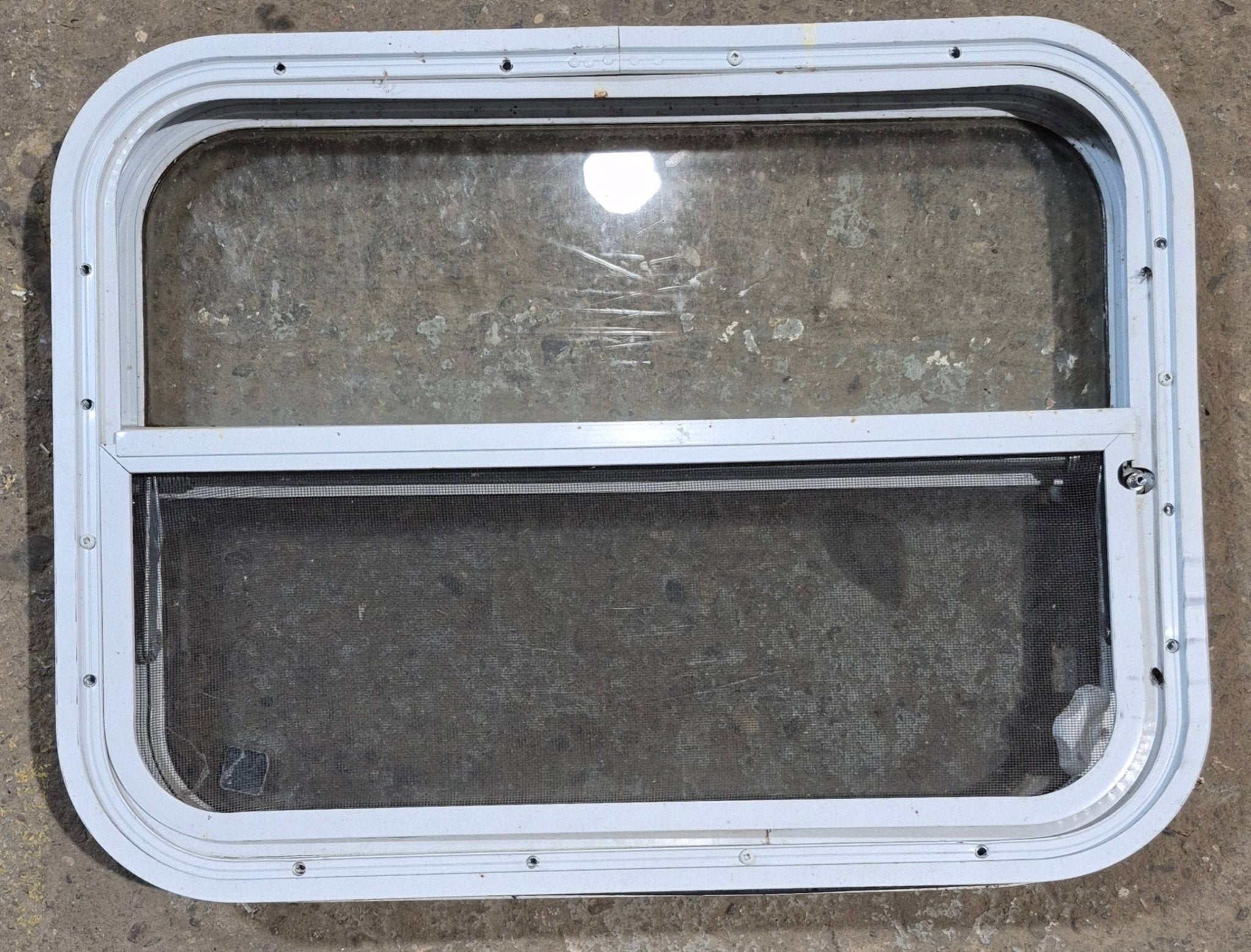 Used White Radius Opening Window : 23 1/2" W x 17 1/2" H x 1 7/8" D - Young Farts RV Parts
