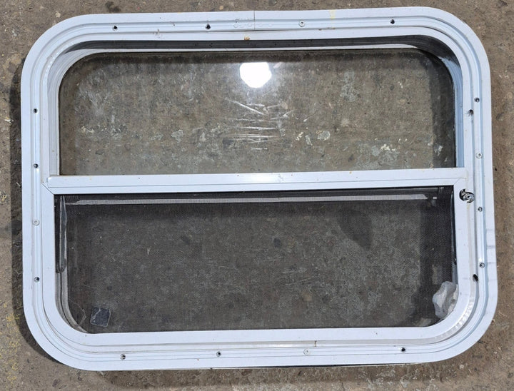 Used White Radius Opening Window : 23 1/2" W x 17 1/2" H x 1 7/8" D - Young Farts RV Parts
