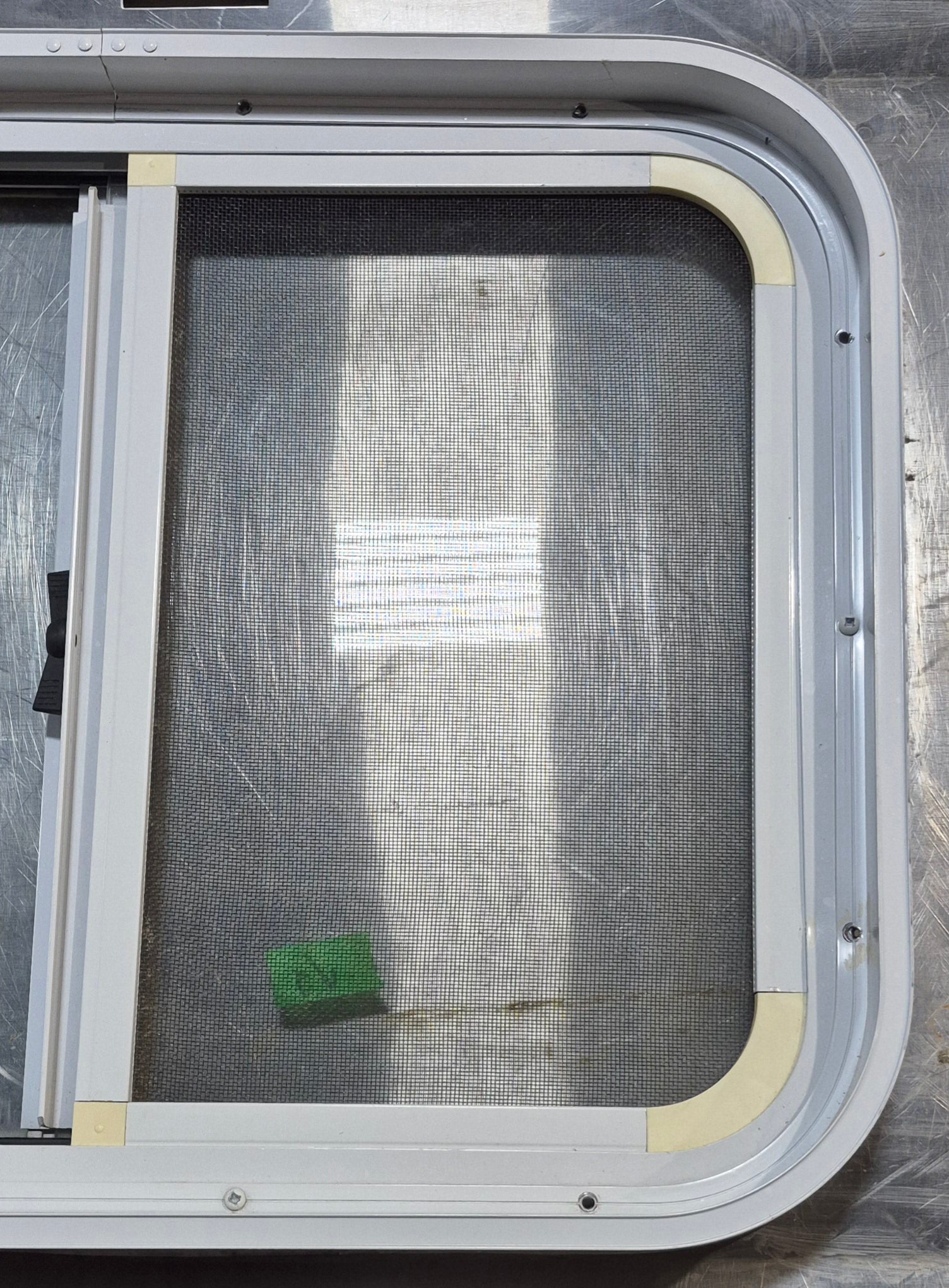 Used White Radius Opening Window : 23 1/2" W x 17 1/2" H x 1 7/8" D - Young Farts RV Parts