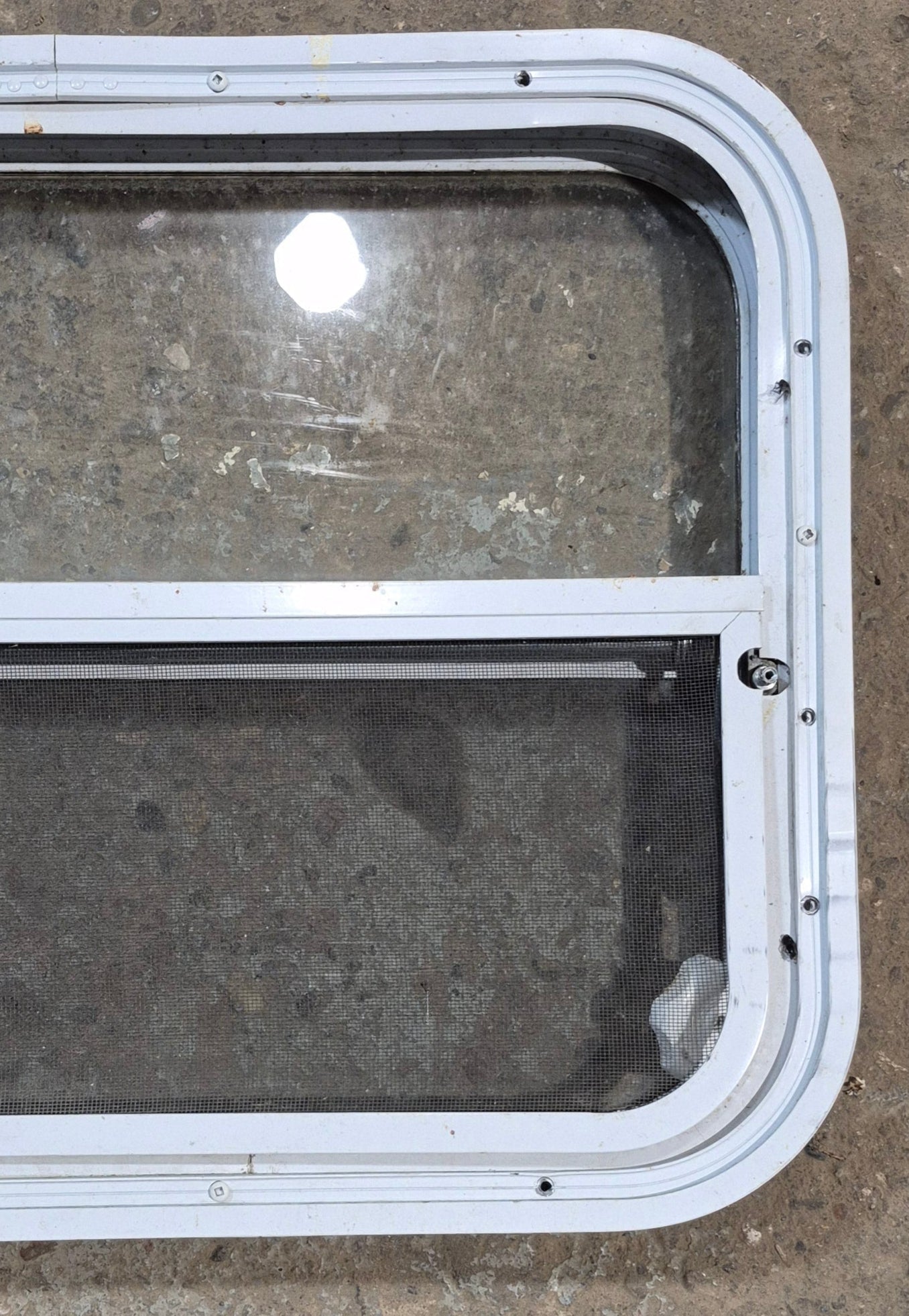 Used White Radius Opening Window : 23 1/2" W x 17 1/2" H x 1 7/8" D - Young Farts RV Parts