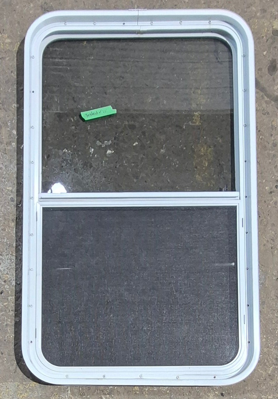 Used White Radius Opening Window : 23 1/2" W x 39 1/4" H x 1 7/8" D - Young Farts RV Parts