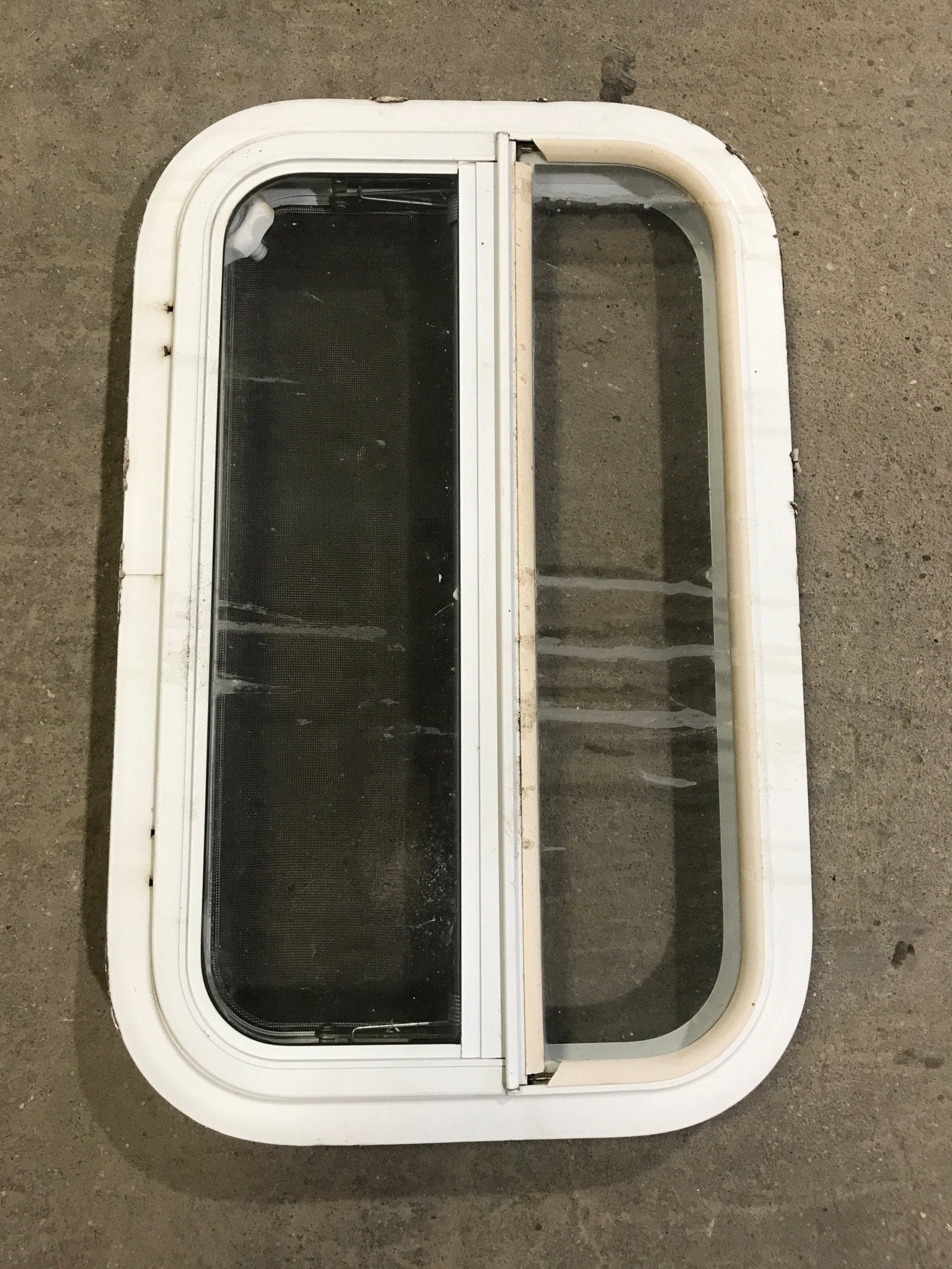 Used White Radius Opening Window : 23 1/4" W X 14 1/2" H X 1 1/2" D - Young Farts RV Parts
