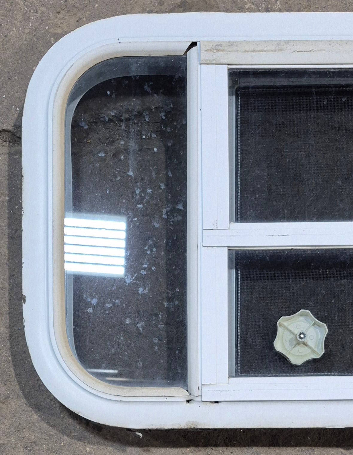 Used White Radius Opening Window : 23 1/4" W x 14 1/2" H x 1 7/8" D - Young Farts RV Parts