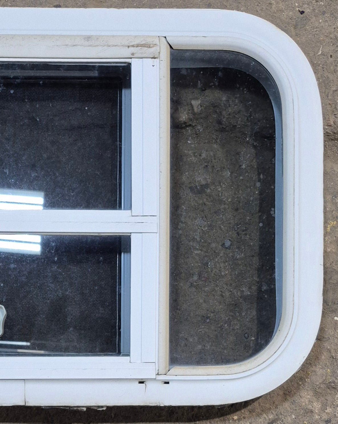 Used White Radius Opening Window : 23 1/4" W x 14 1/2" H x 1 7/8" D - Young Farts RV Parts
