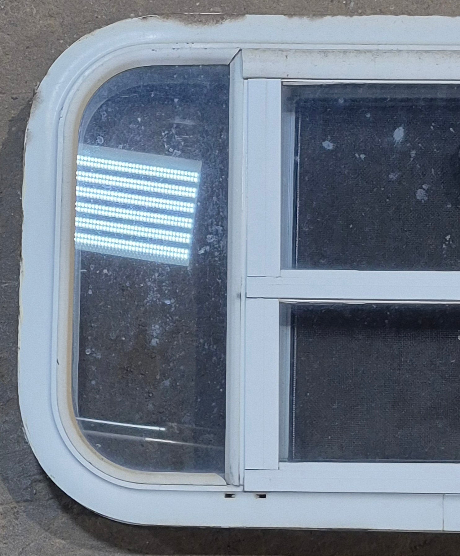 Used White Radius Opening Window : 23 1/4" W x 14 1/2" H x 1 7/8" D - Young Farts RV Parts