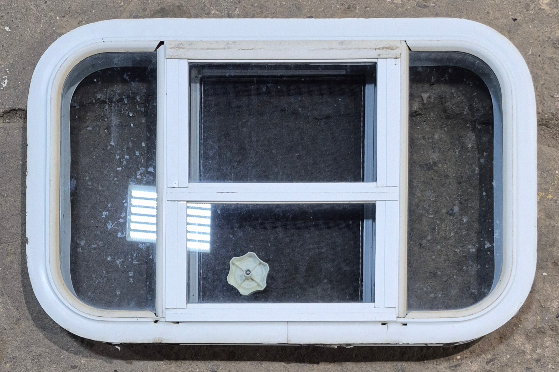 Used White Radius Opening Window : 23 1/4" W x 14 1/2" H x 1 7/8" D - Young Farts RV Parts