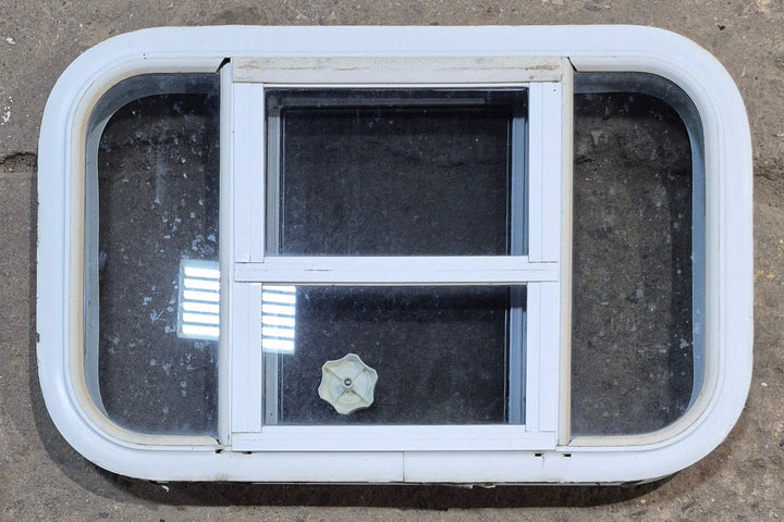 Used White Radius Opening Window : 23 1/4" W x 14 1/2" H x 1 7/8" D - Young Farts RV Parts