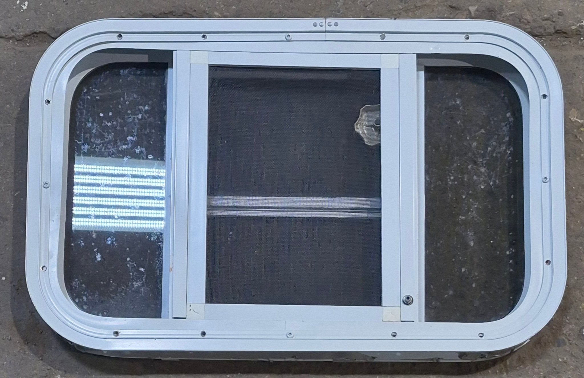 Used White Radius Opening Window : 23 1/4" W x 14 1/2" H x 1 7/8" D - Young Farts RV Parts