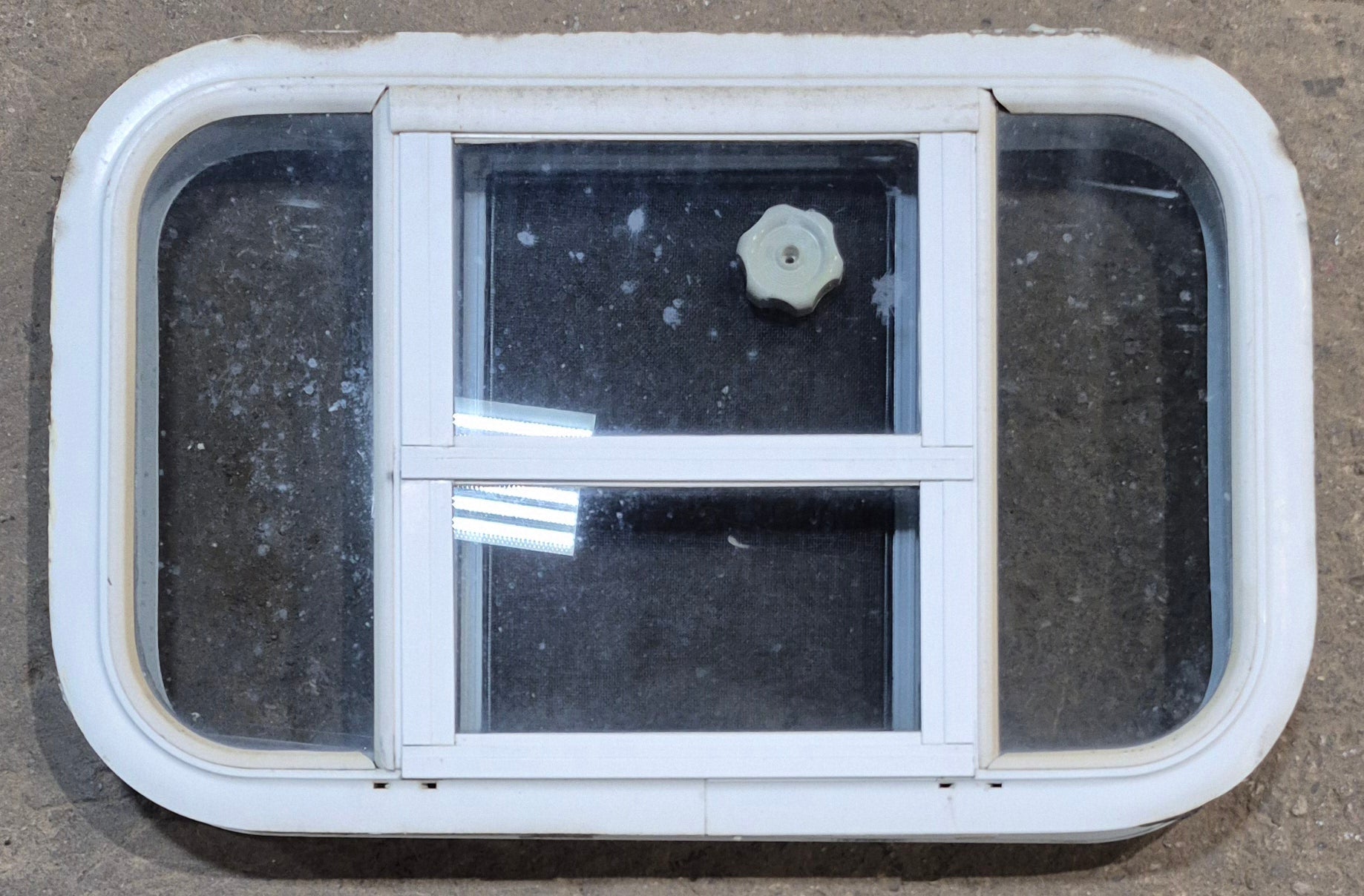 Used White Radius Opening Window : 23 1/4" W x 14 1/2" H x 1 7/8" D - Young Farts RV Parts