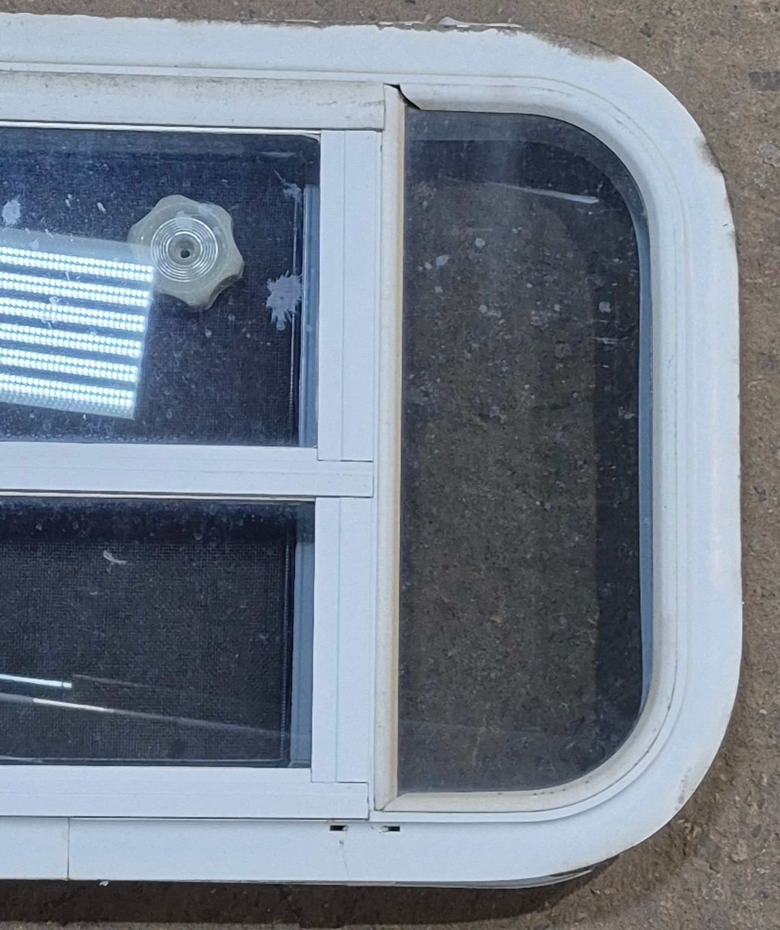 Used White Radius Opening Window : 23 1/4" W x 14 1/2" H x 1 7/8" D - Young Farts RV Parts
