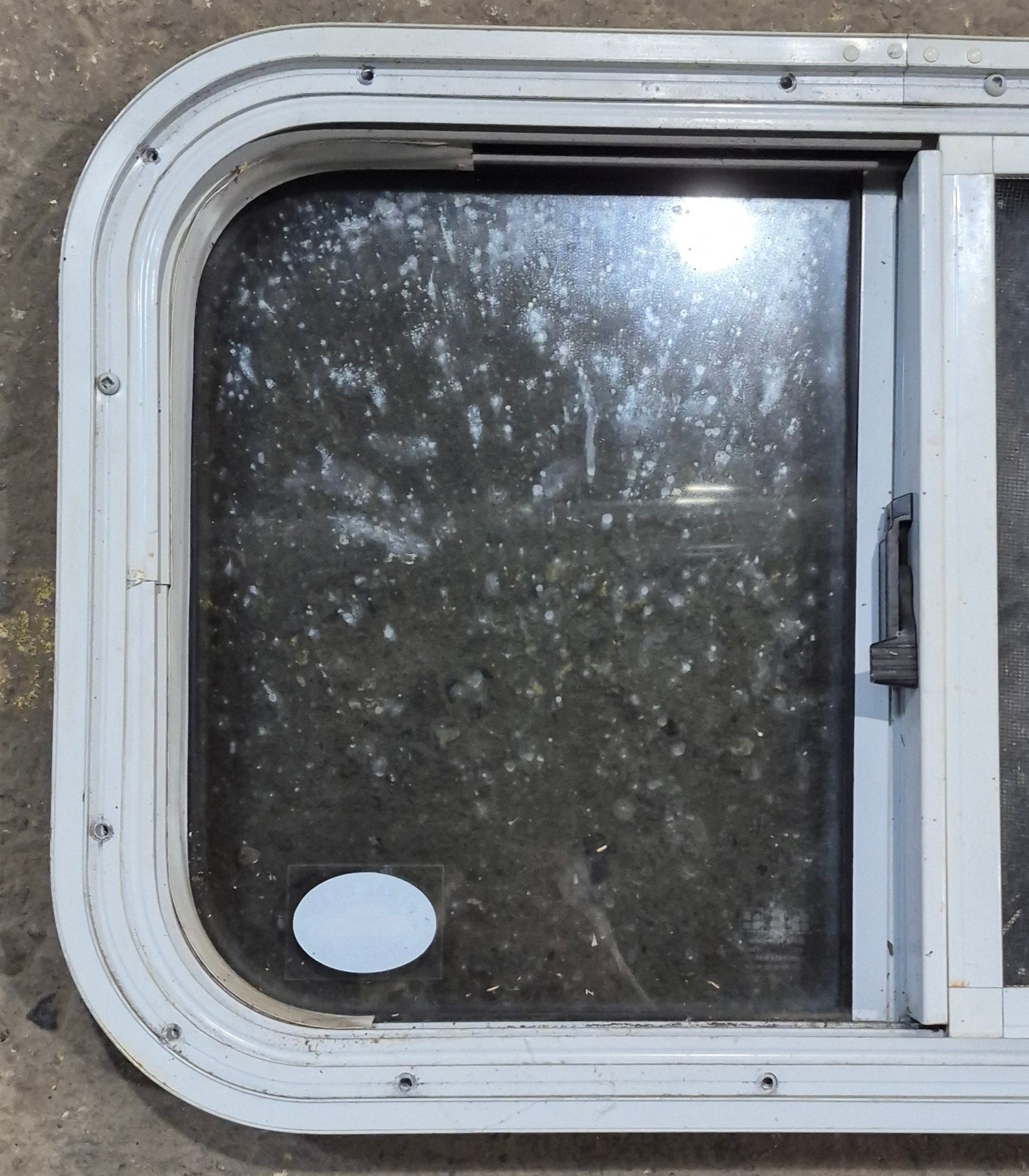 Used White Radius Opening Window : 23 1/4" W x 14 3/4" H x 1 7/8" D - Young Farts RV Parts